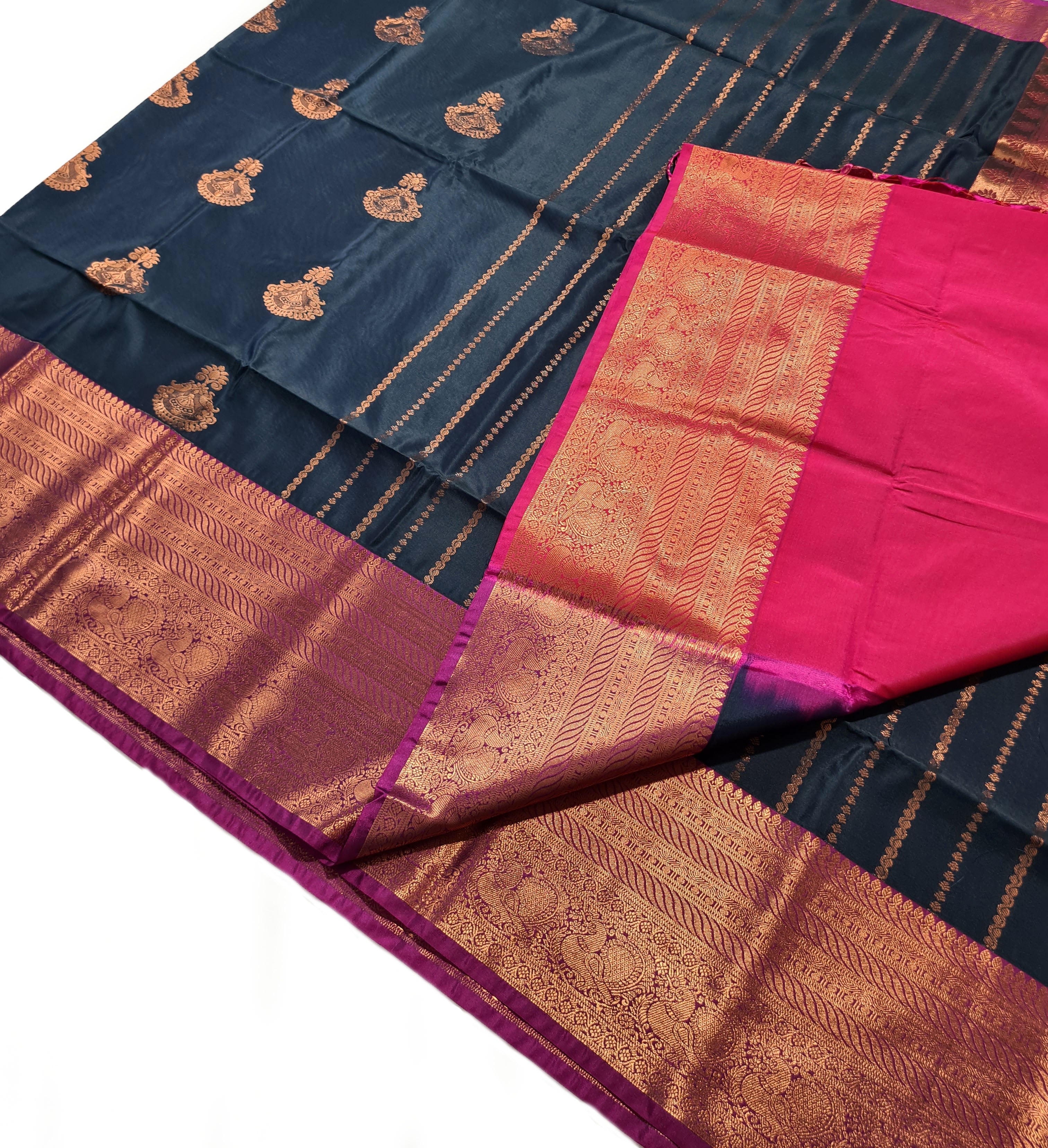 Kanchi Vegan Silk Saree With Contrast Blouse and Rich Jari Pallu