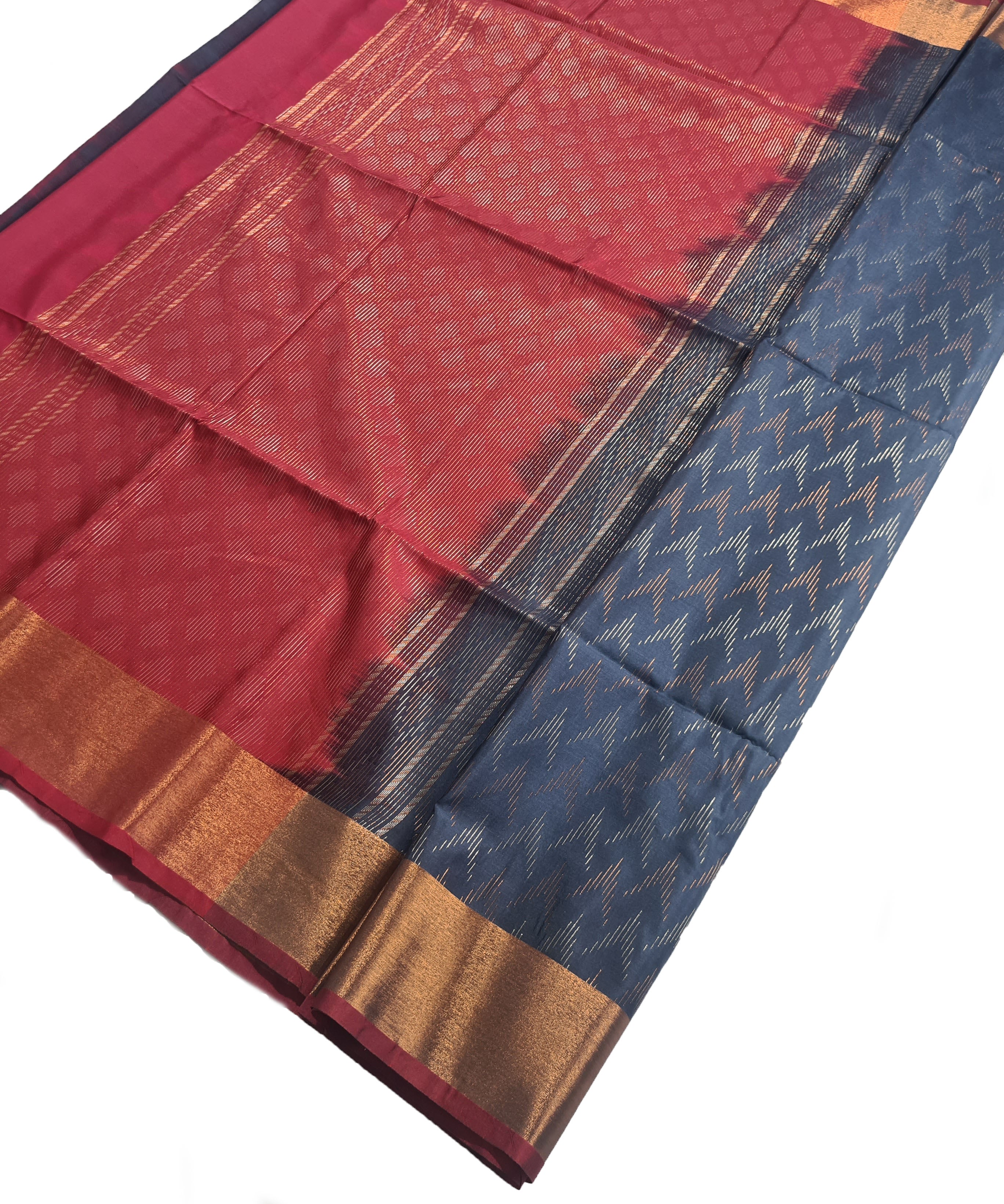 Kanchi Vegan Silk Saree With Contrast Blouse and Rich Jari Pallu