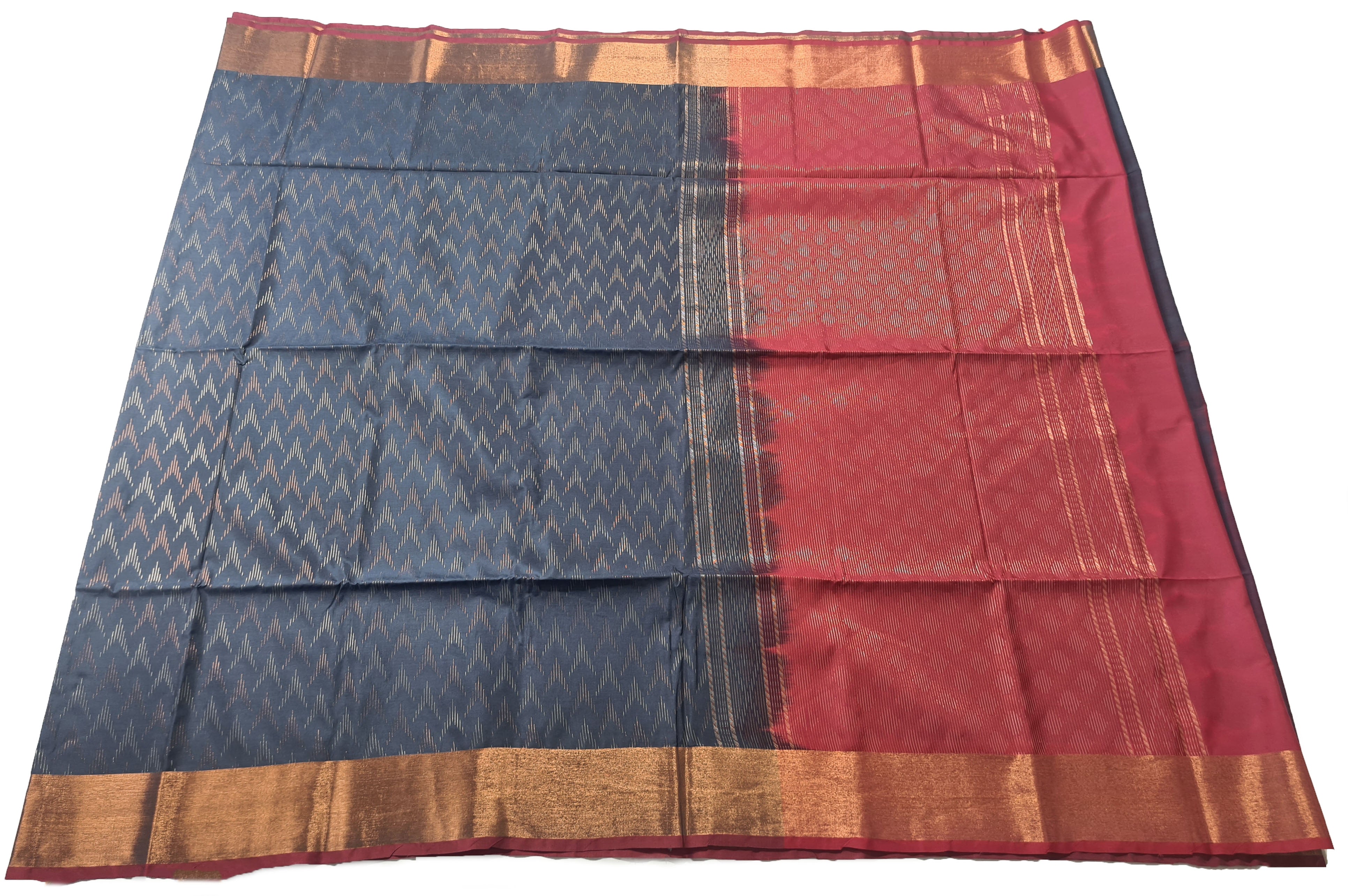 Kanchi Vegan Silk Saree With Contrast Blouse and Rich Jari Pallu