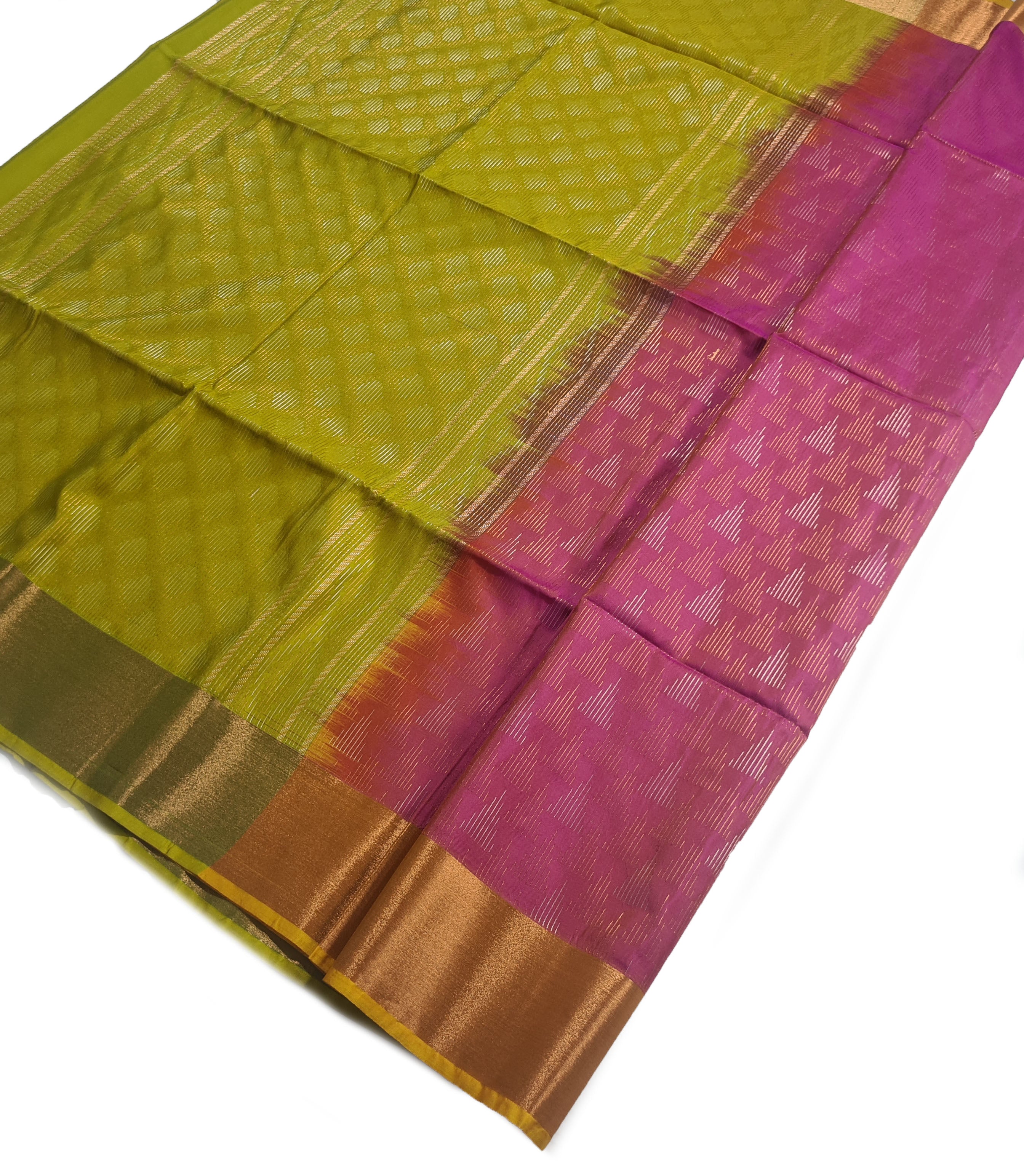 Kanchi Vegan Silk Saree With Contrast Blouse and Rich Jari Pallu