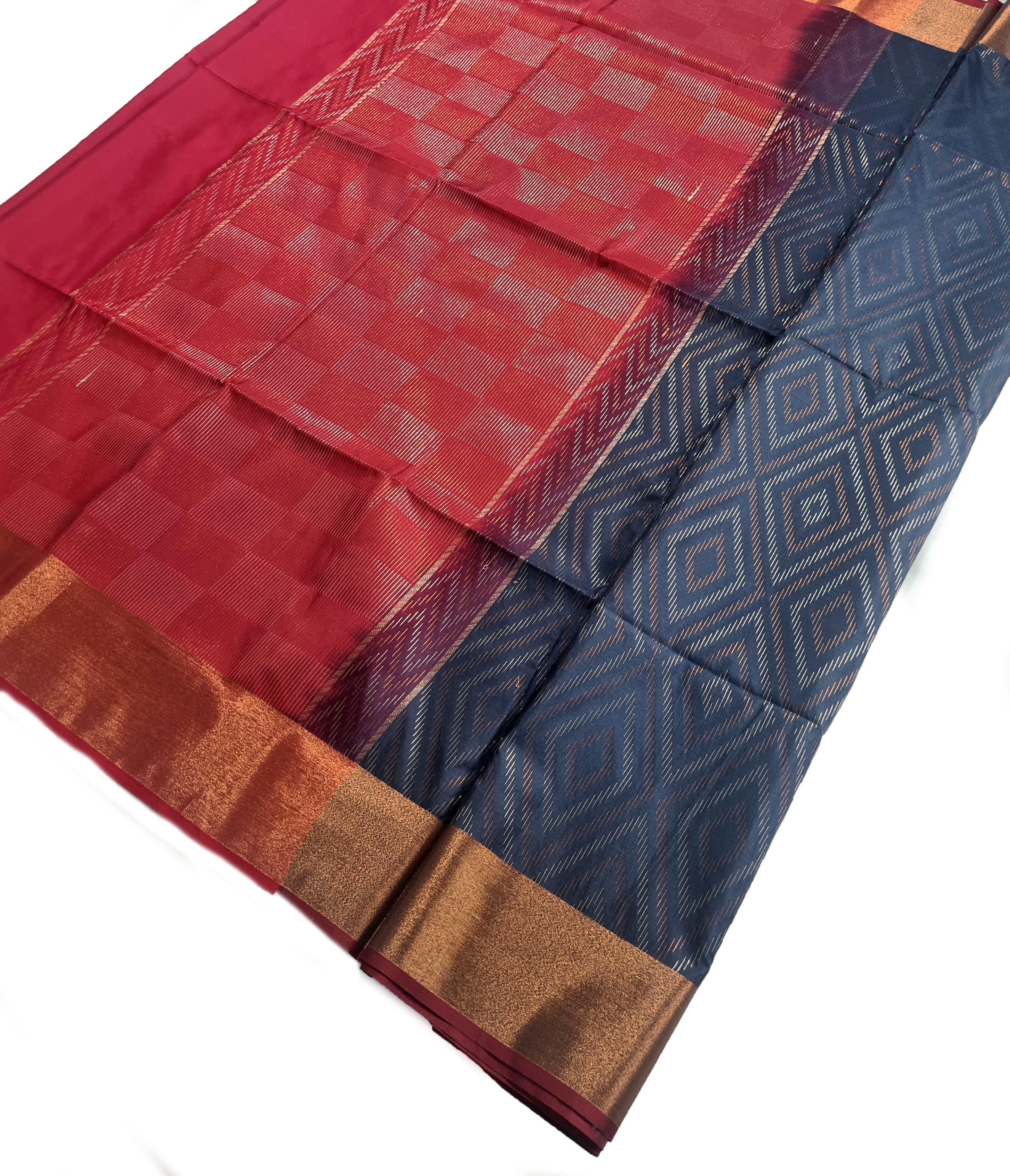 Kanchi Vegan Silk Saree With Contrast Blouse and Rich Jari Pallu