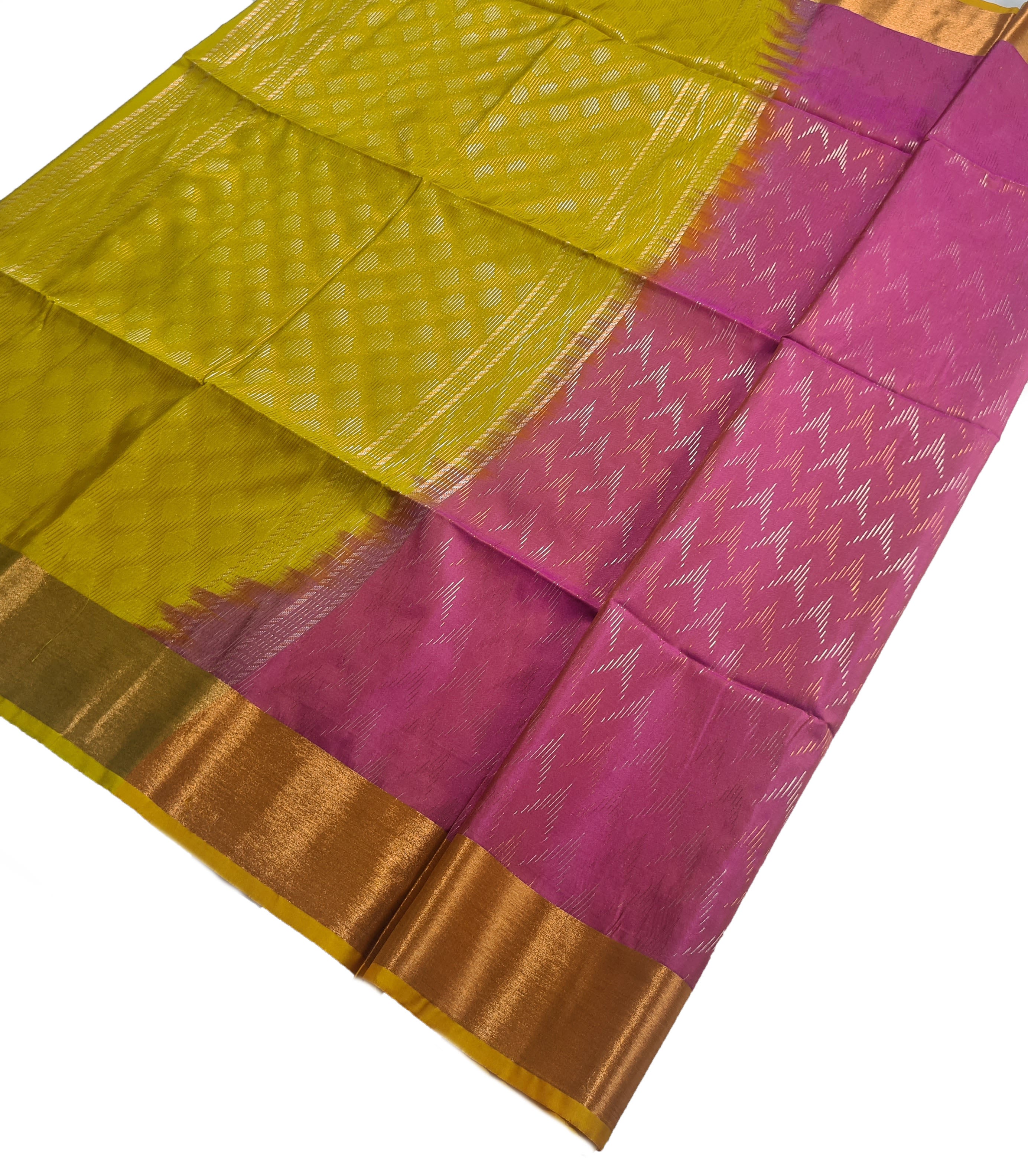 Kanchi Vegan Silk Saree With Contrast Blouse and Rich Jari Pallu
