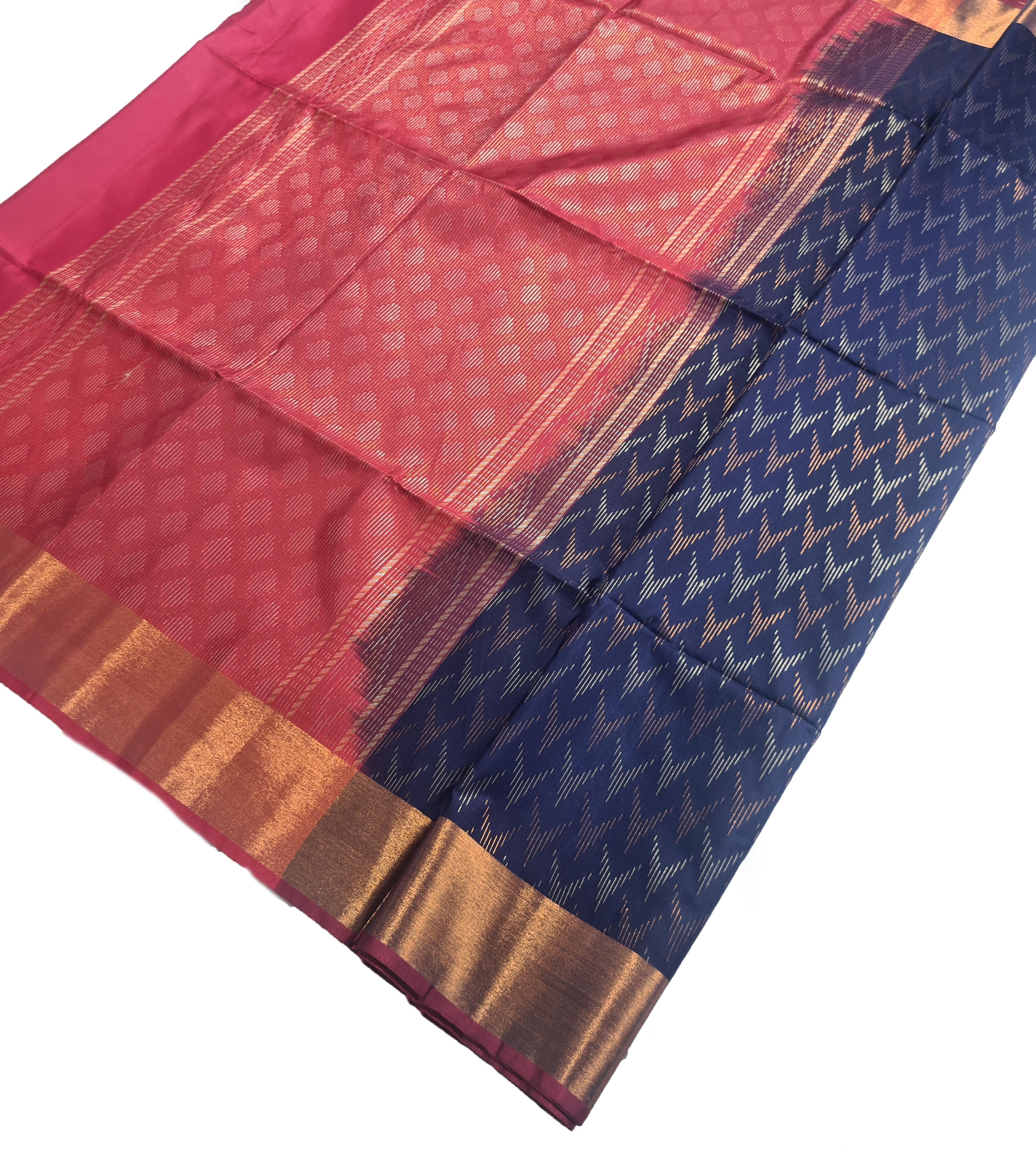 Kanchi Vegan Silk Saree With Contrast Blouse and Rich Jari Pallu