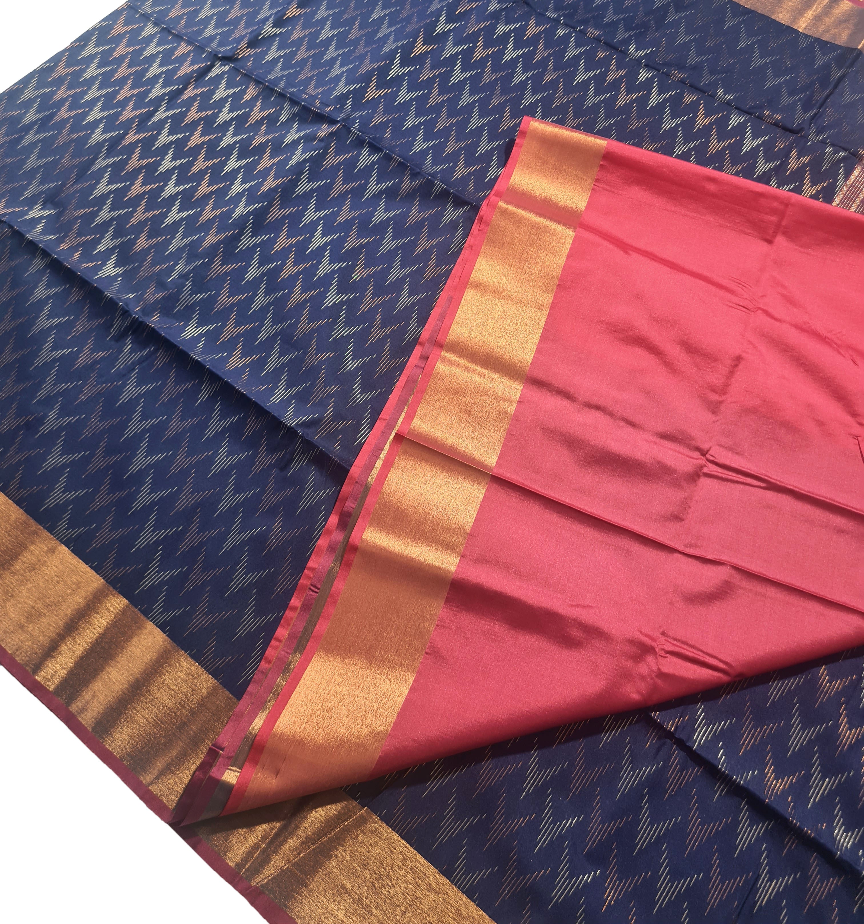 Kanchi Vegan Silk Saree With Contrast Blouse and Rich Jari Pallu
