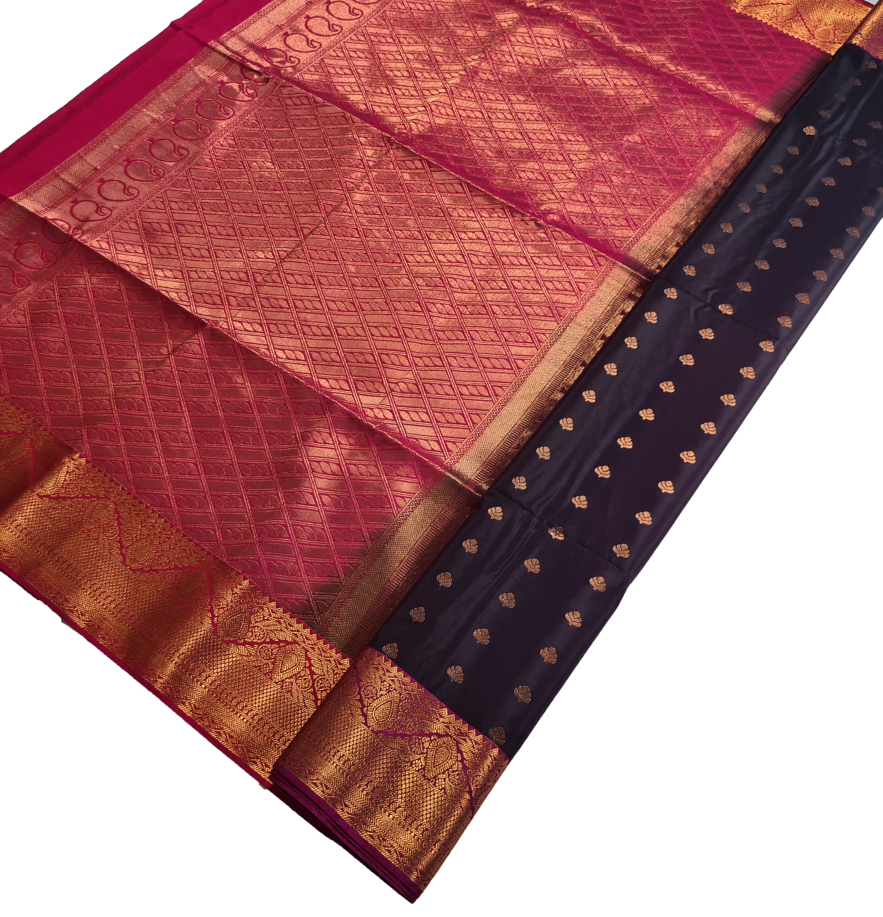 Kanchi Vegan Silk Saree With Contrast Blouse and Rich Jari Pallu