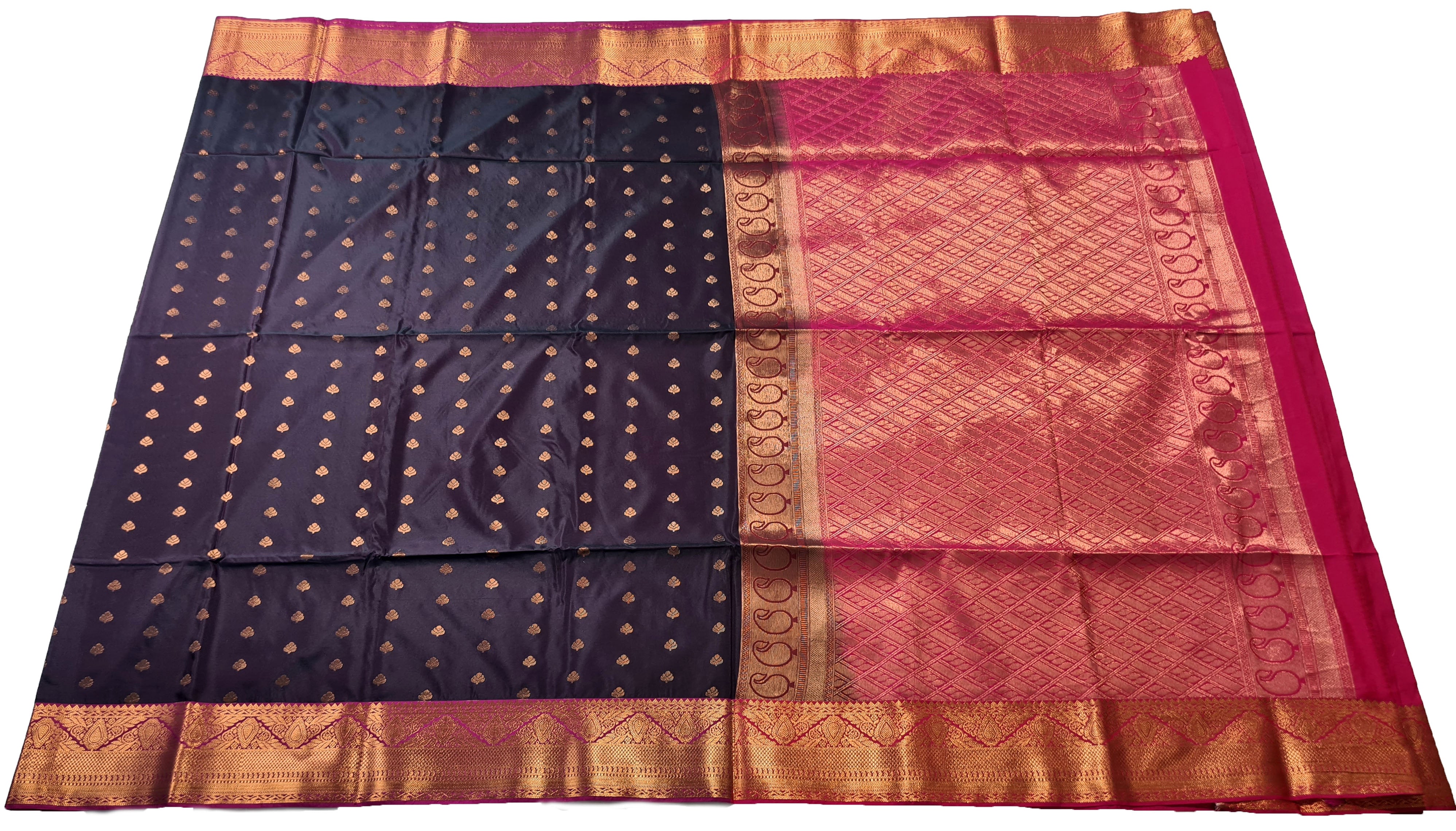 Kanchi Vegan Silk Saree With Contrast Blouse and Rich Jari Pallu