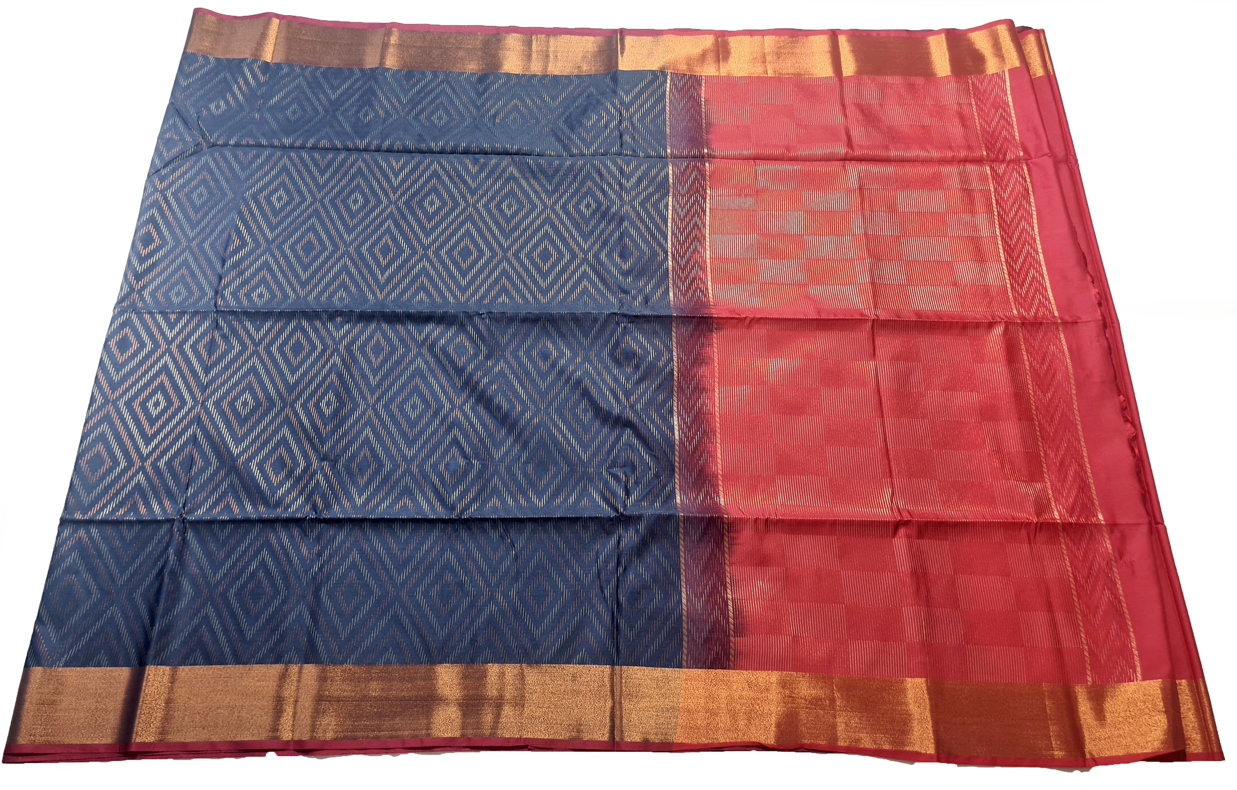 Kanchi Vegan Silk Saree With Contrast Blouse and Rich Jari Pallu