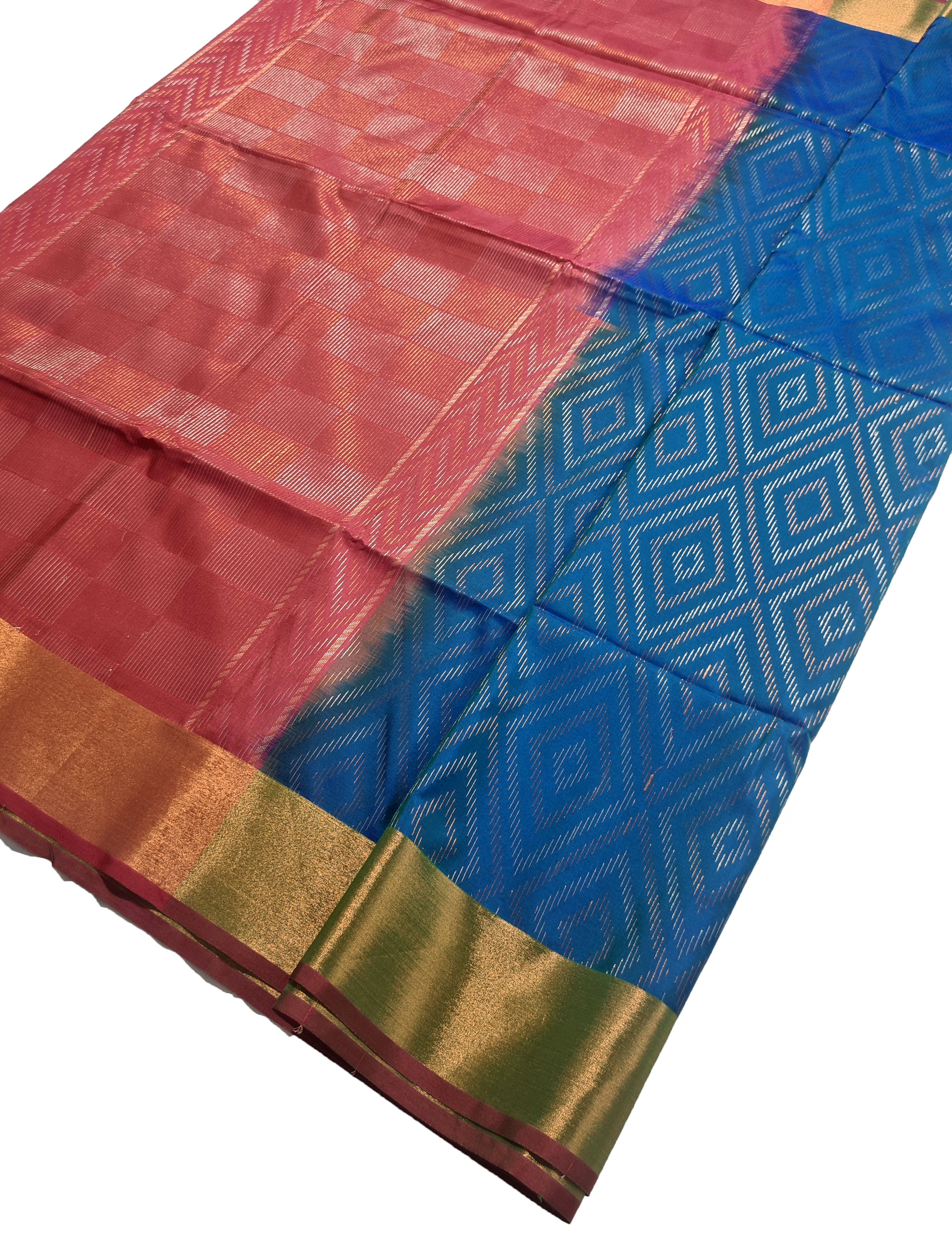 Kanchi Vegan Silk Saree With Contrast Blouse and Rich Jari Pallu