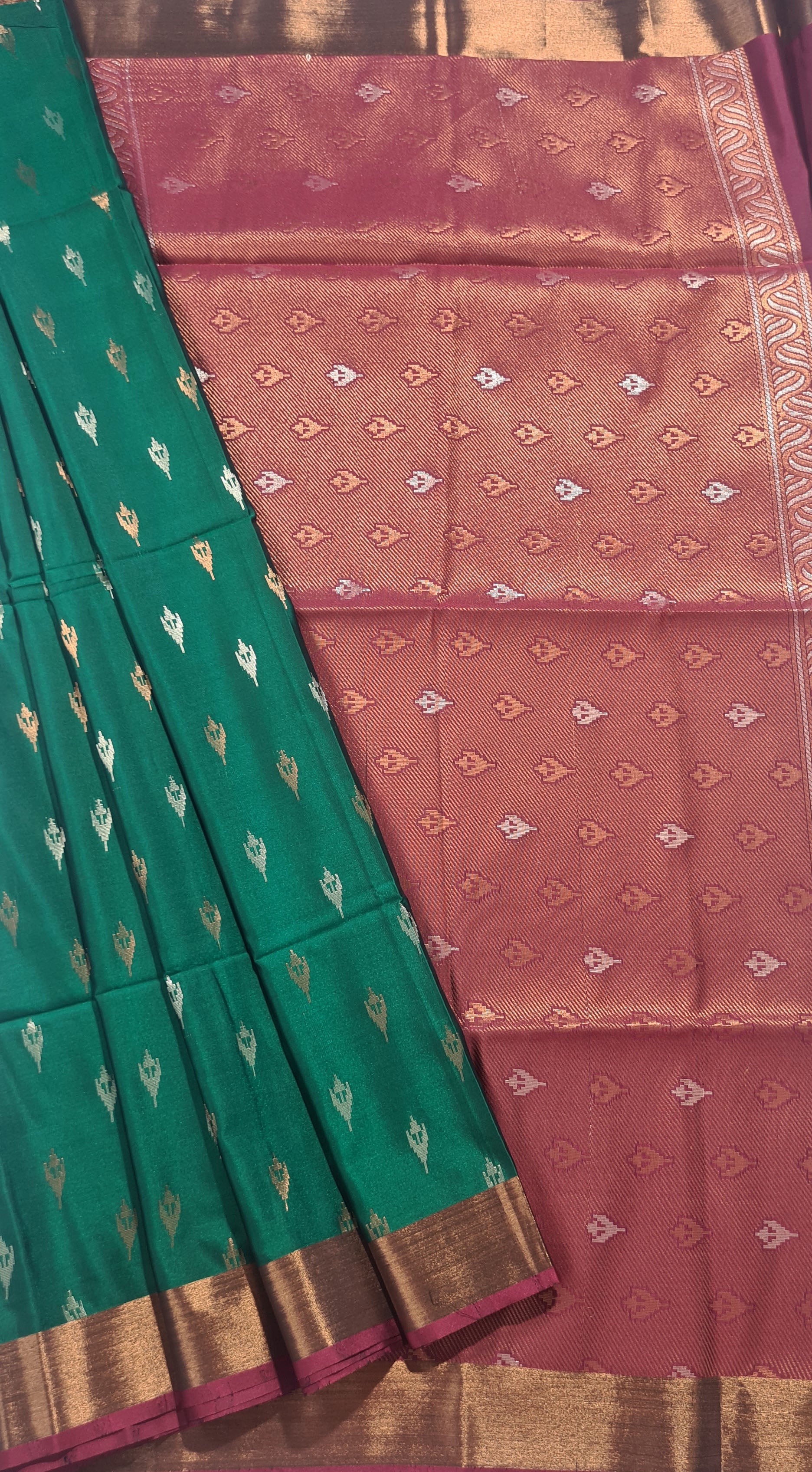 Kanchi Vegan Silk Saree With Contrast Blouse and Rich Jari Pallu