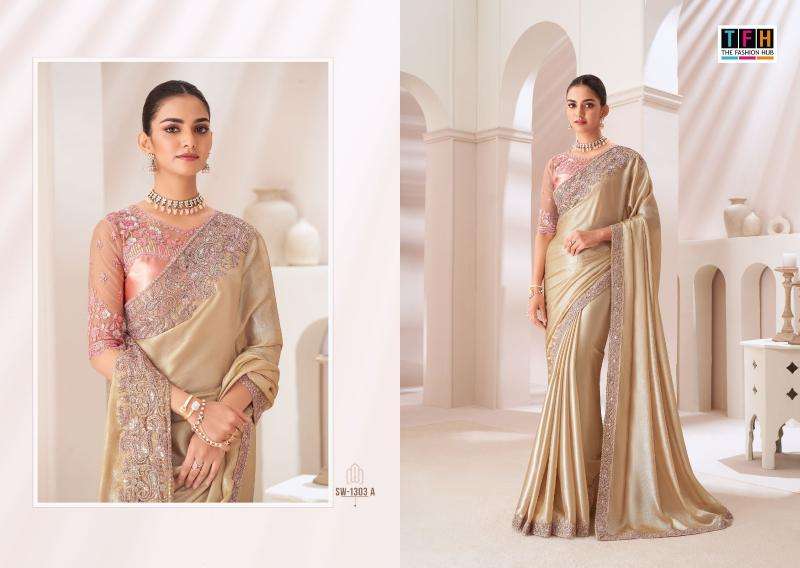 TFH Presents Sandal Wood 1303 Satin Chiffon Party Wear Sarees Collection