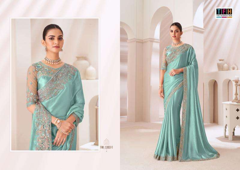 TFH Presents Sandal Wood 1303 Satin Chiffon Party Wear Sarees Collection