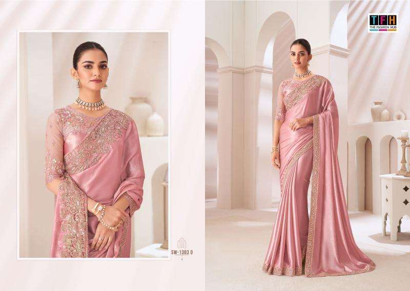 TFH Presents Sandal Wood 1303 Satin Chiffon Party Wear Sarees Collection
