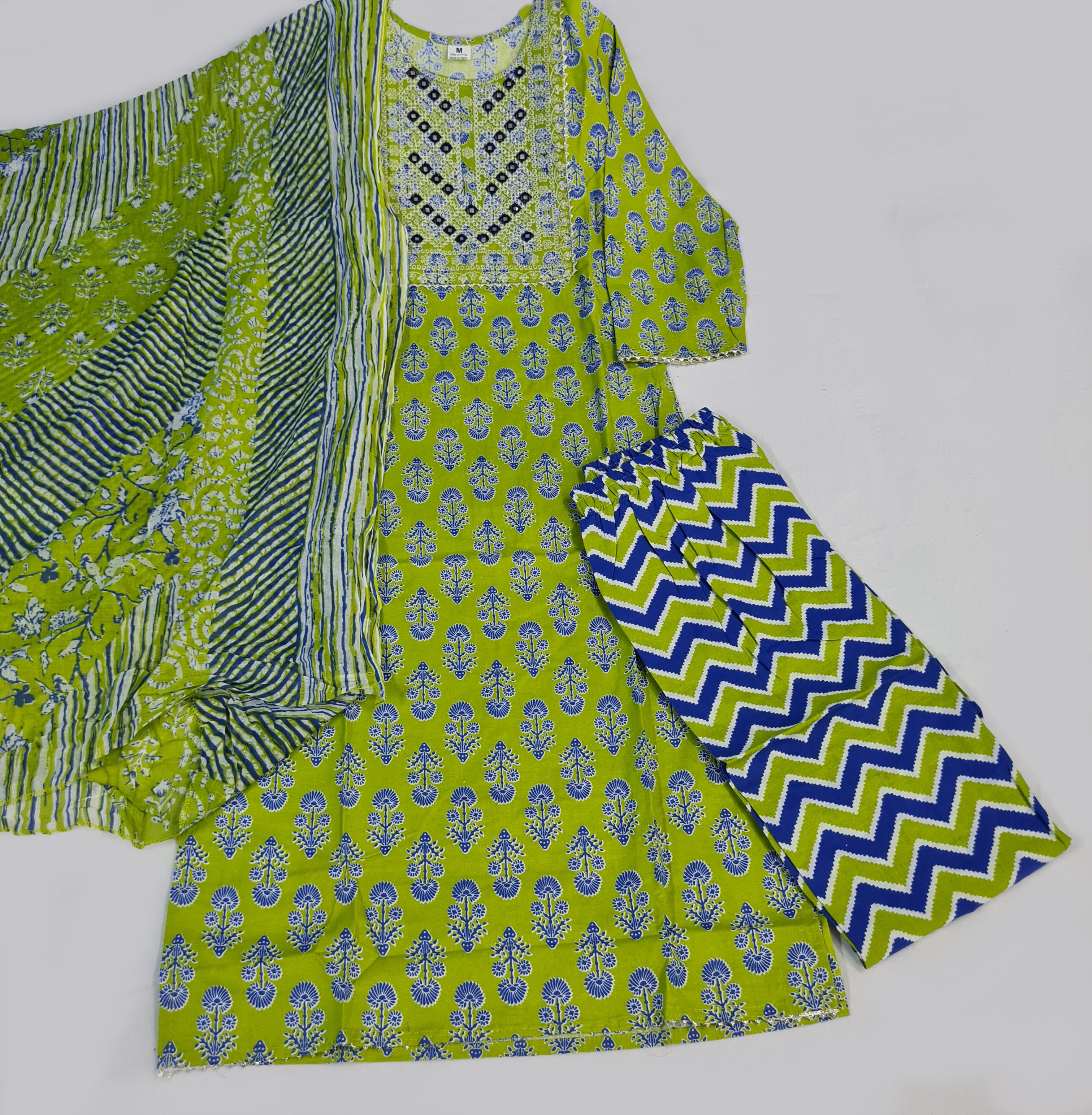 Designer Printed Cotton Kurtis With Pant And Dupatta Set