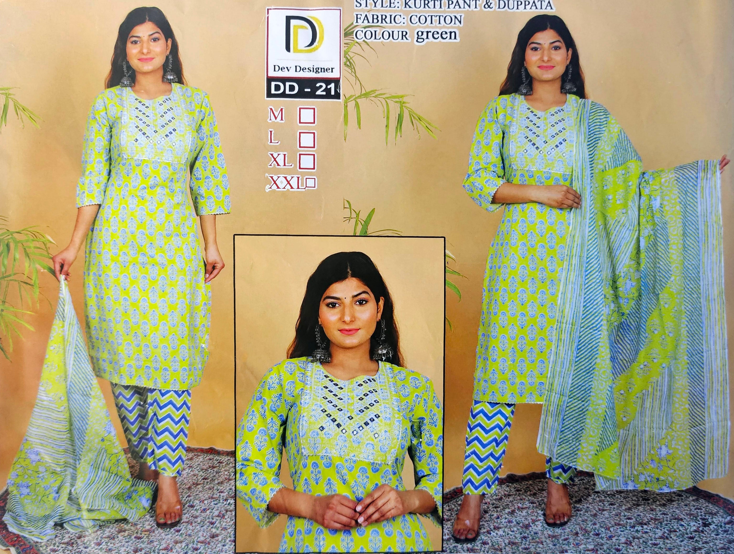 Designer Printed Cotton Kurtis With Pant And Dupatta Set