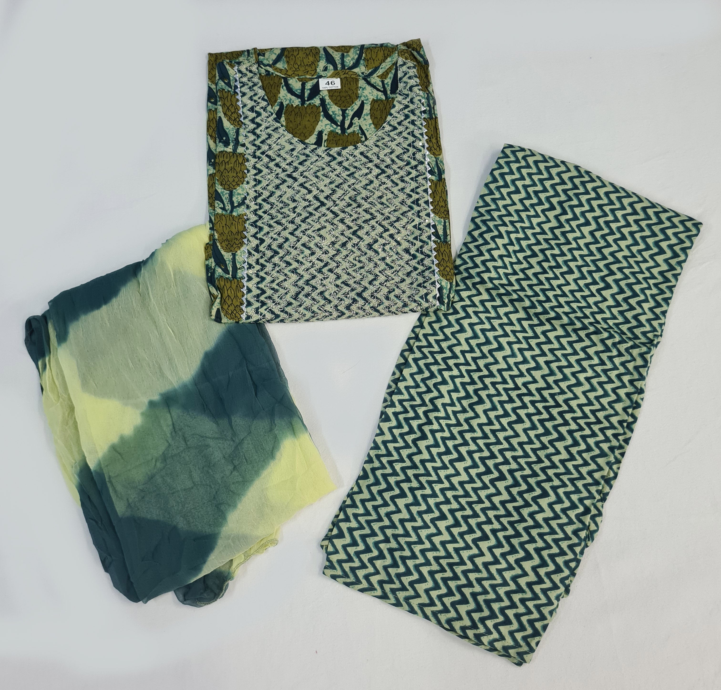 Designer Embroidery Cotton Kurtis With Pant And Dupatta Set