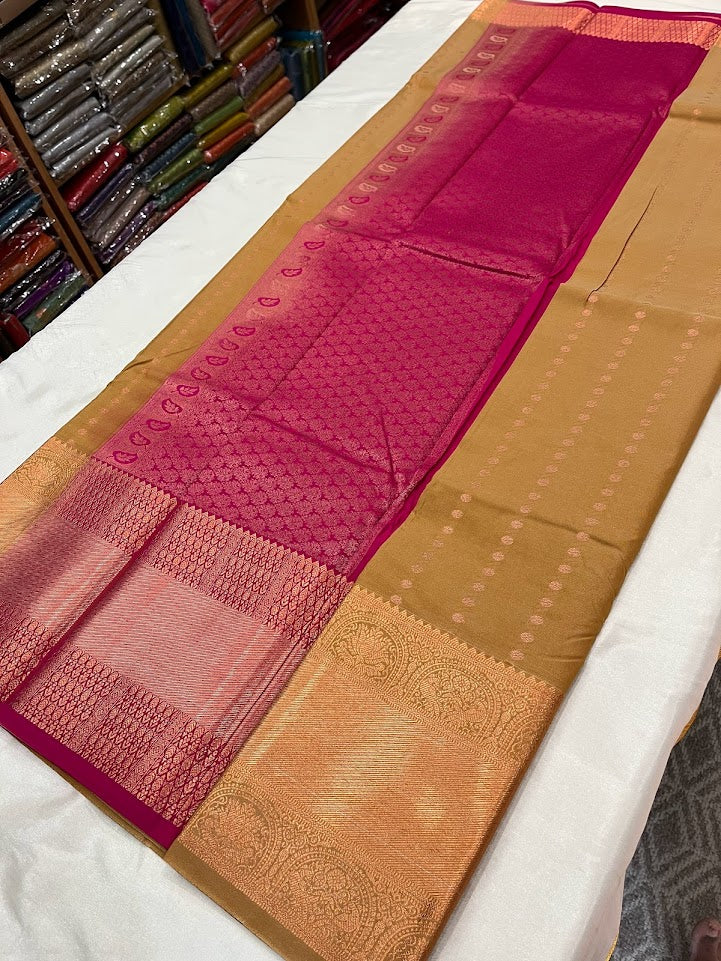 kanchi vegan  silk saree  with contrast blouse and rich jari pallu