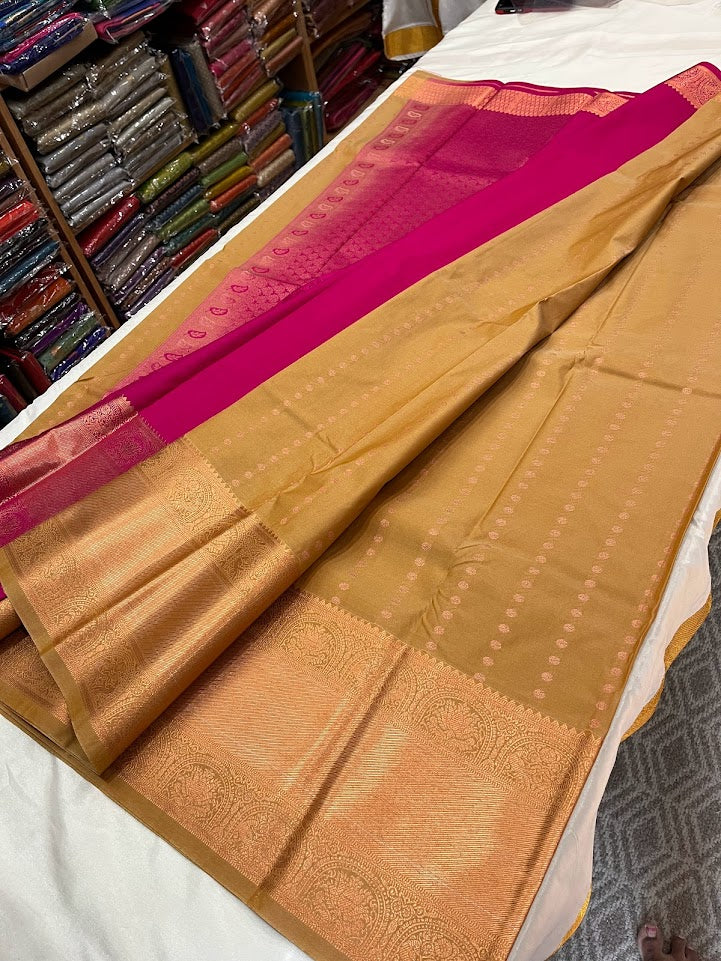 kanchi vegan  silk saree  with contrast blouse and rich jari pallu