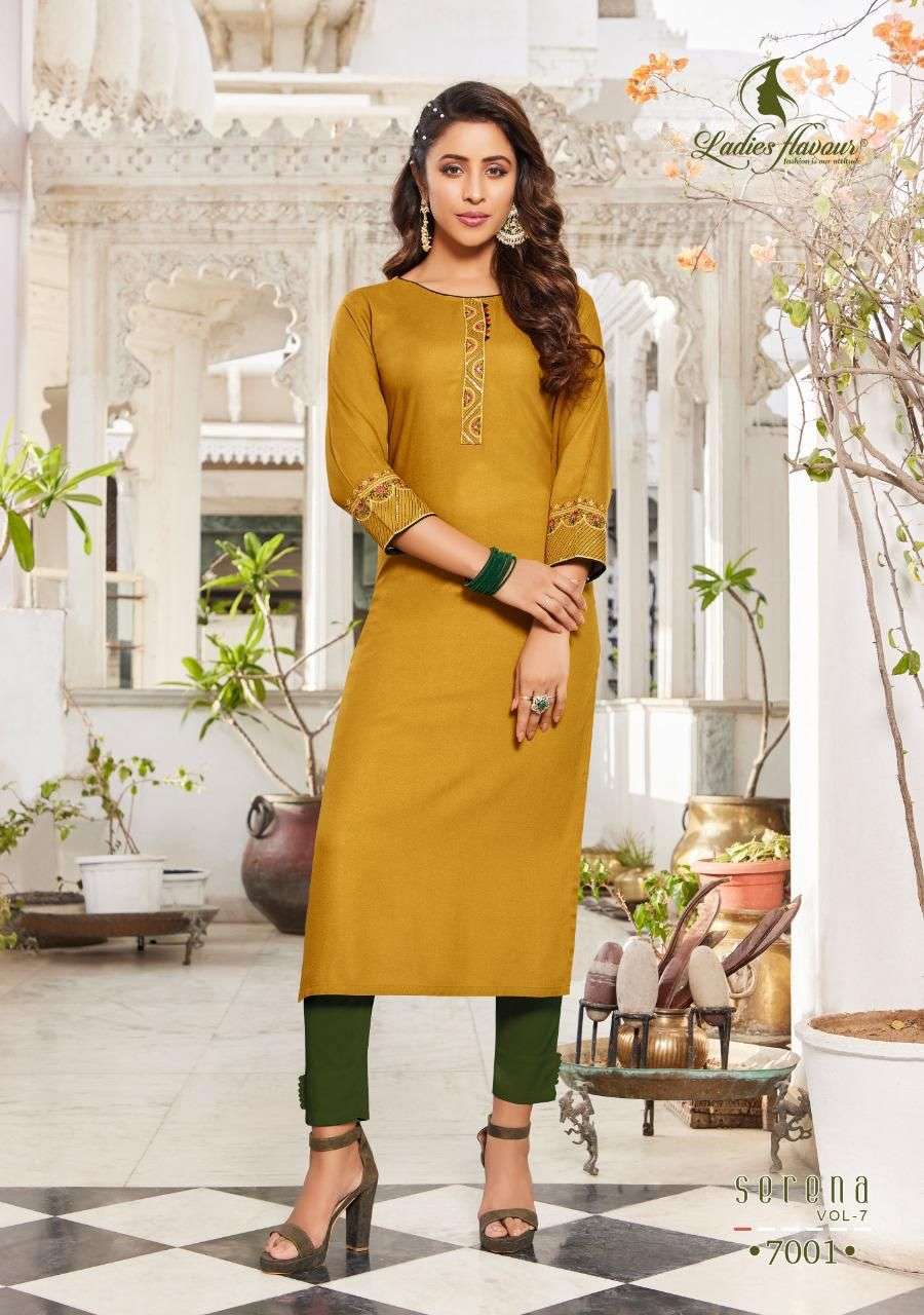 Ladies Flavour Presents Serena Vol-7 Rayon Embroidery Work Kurtis Collection