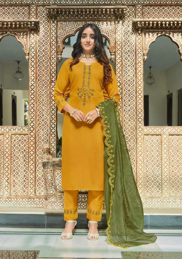 Rangoon Presents Aarohi Viscose Designer Kurtis With Pant And Dupatta Collection