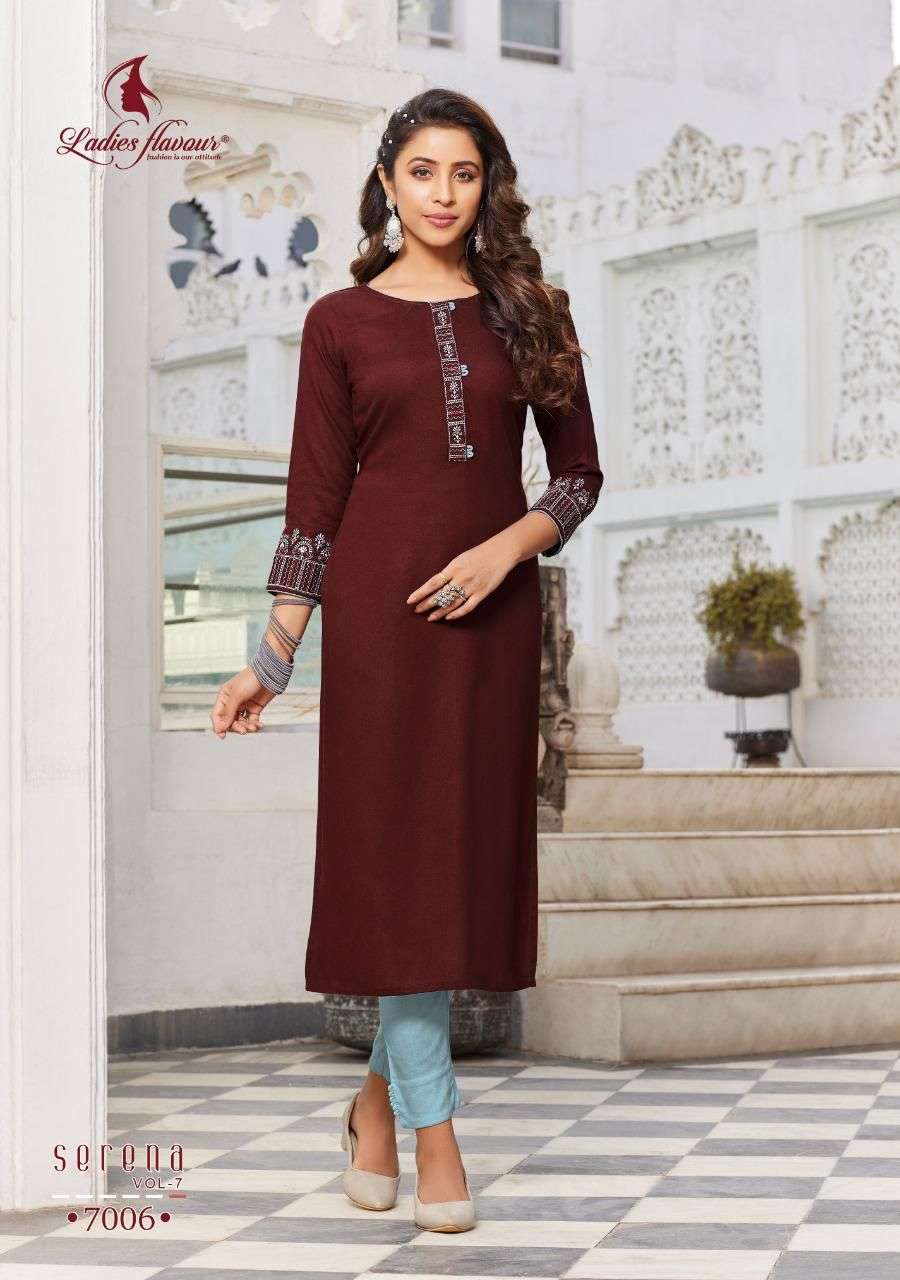 Ladies Flavour Presents Serena Vol-7 Rayon Embroidery Work Kurtis Collection