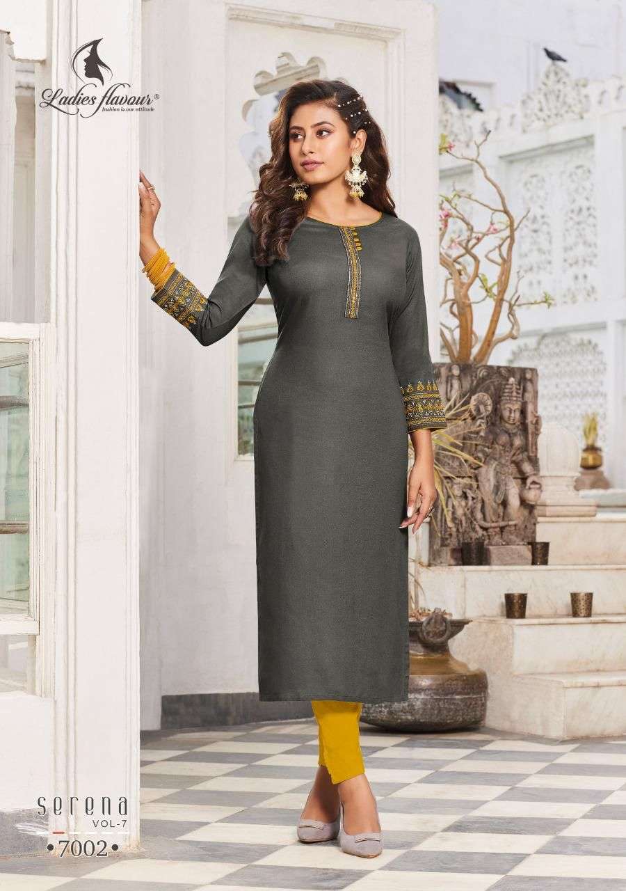 Ladies Flavour Presents Serena Vol-7 Rayon Embroidery Work Kurtis Collection