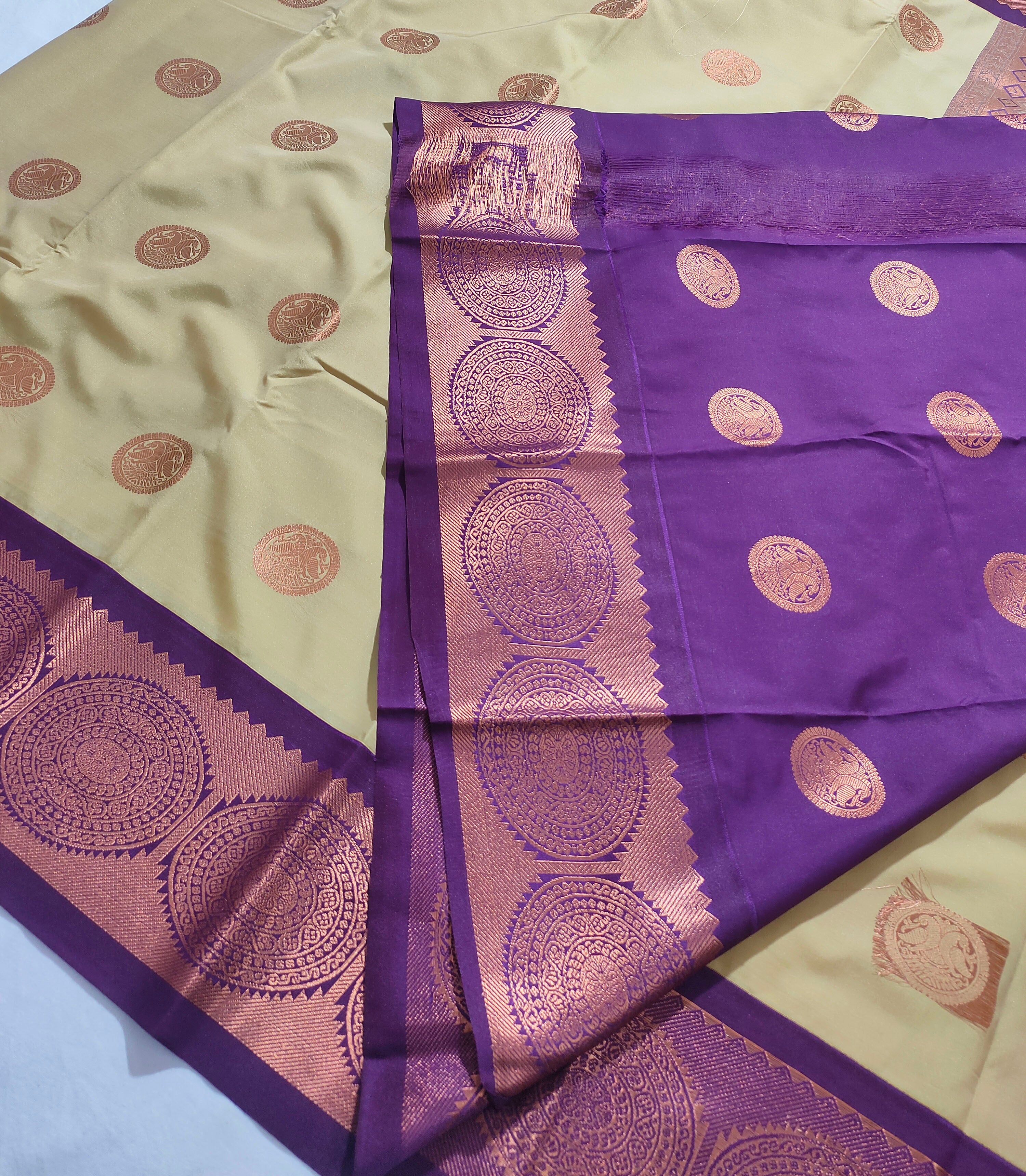 Kanchi Vegan Silk Saree With Contrast Blouse and Rich Jari Pallu