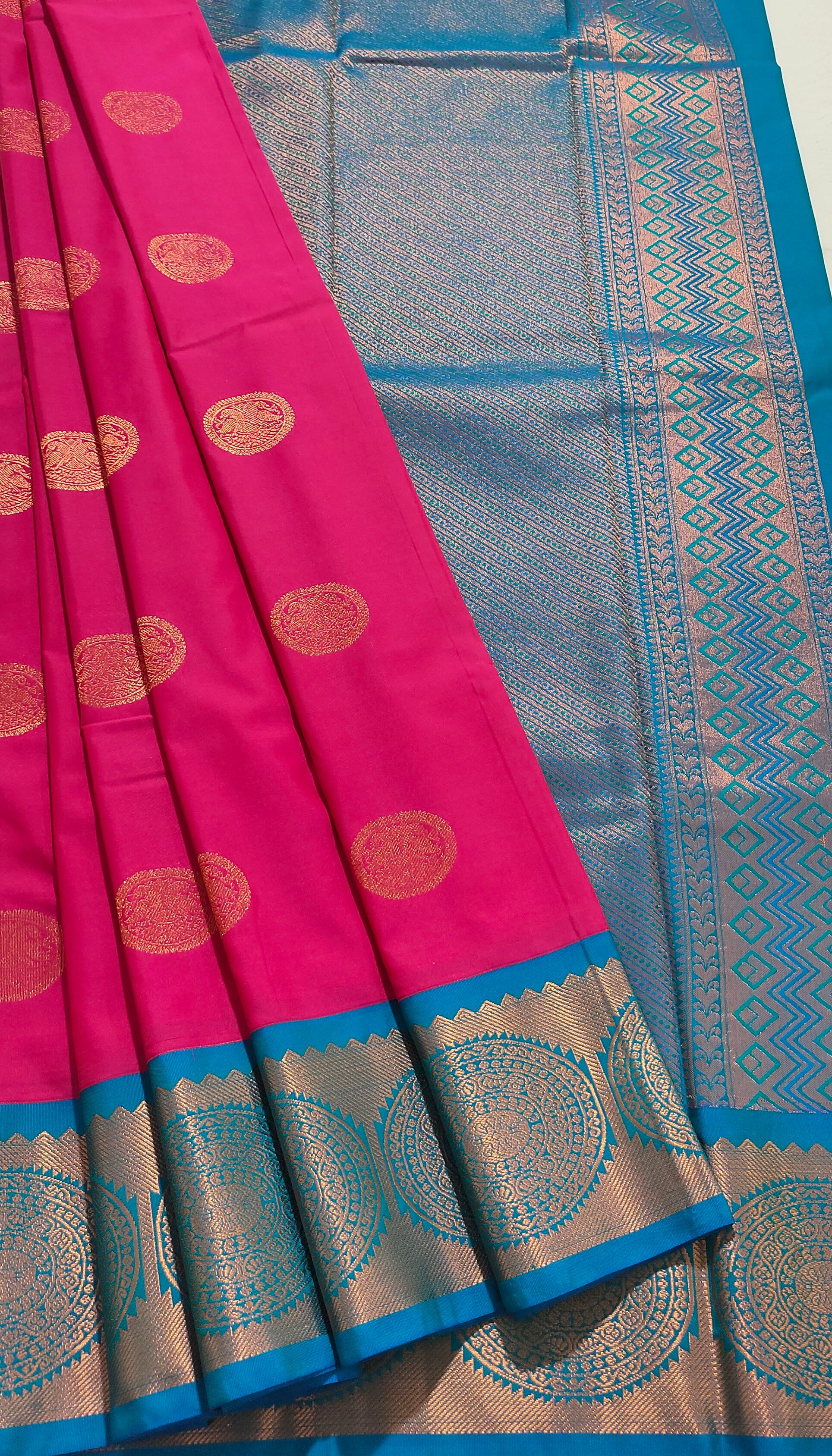 Kanchi Vegan Silk Saree With Contrast Blouse and Rich Jari Pallu