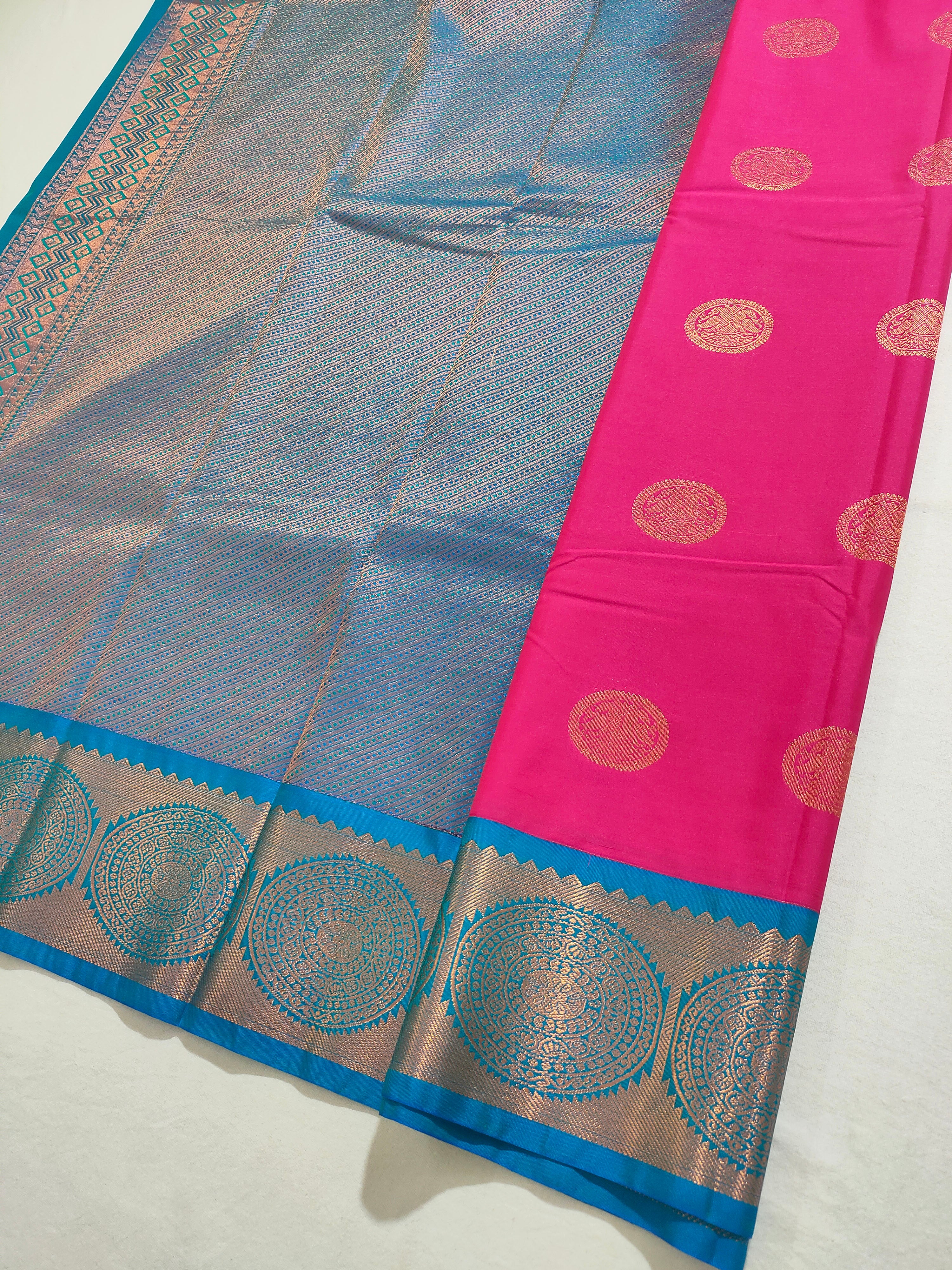 Kanchi Vegan Silk Saree With Contrast Blouse and Rich Jari Pallu