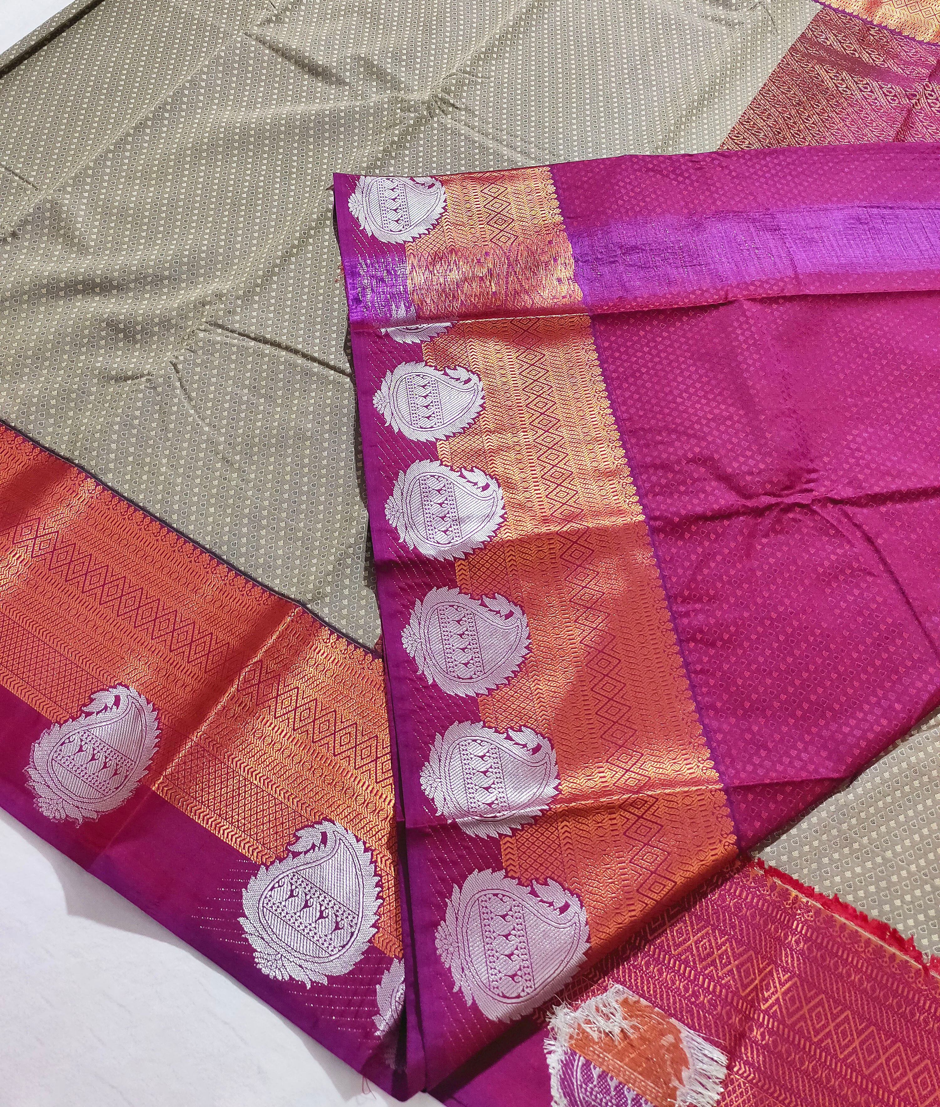 Kanchi Vegan Silk Saree With Contrast Blouse and Rich Jari Pallu