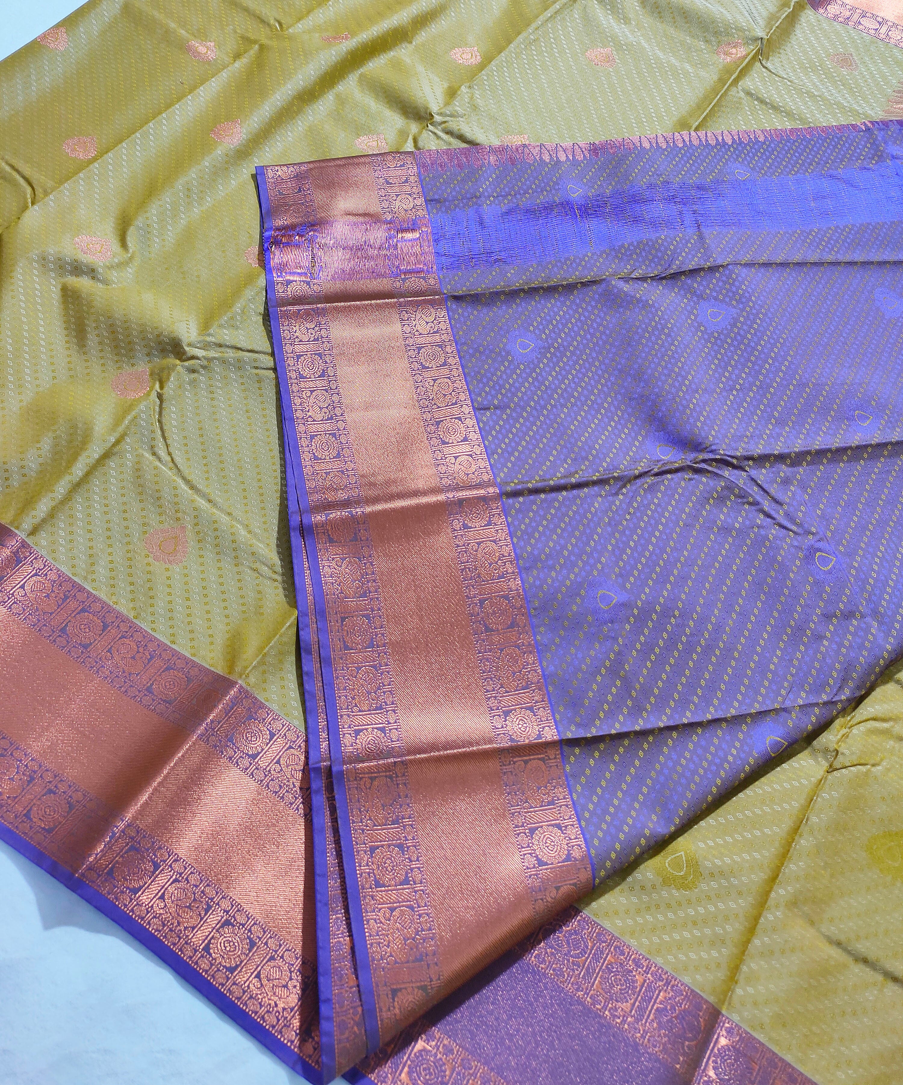 Kanchi Vegan Silk Saree With Contrast Blouse and Rich Jari Pallu