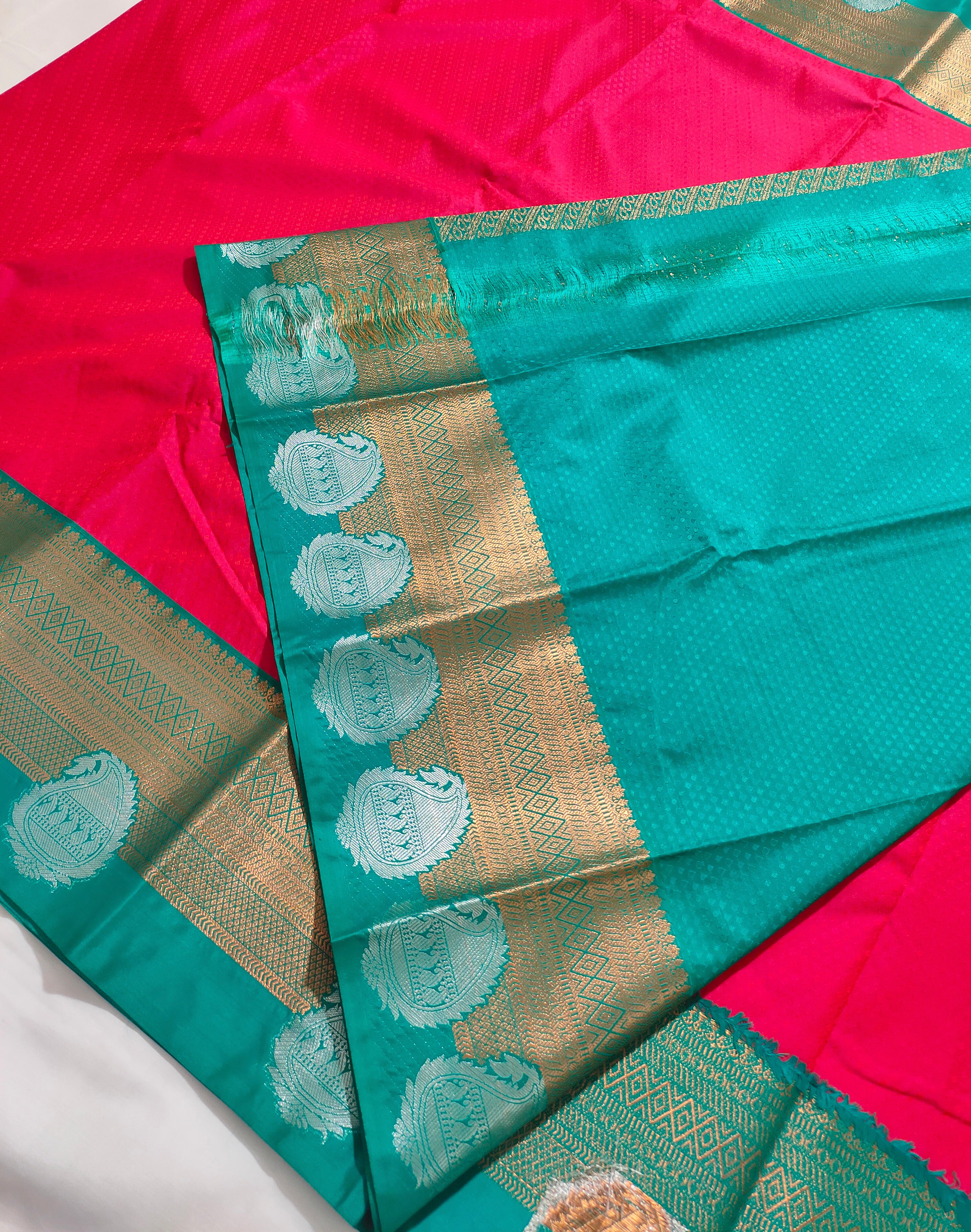 Kanchi Vegan Silk Saree with Contrast Blouse and Rich Jari Pallu