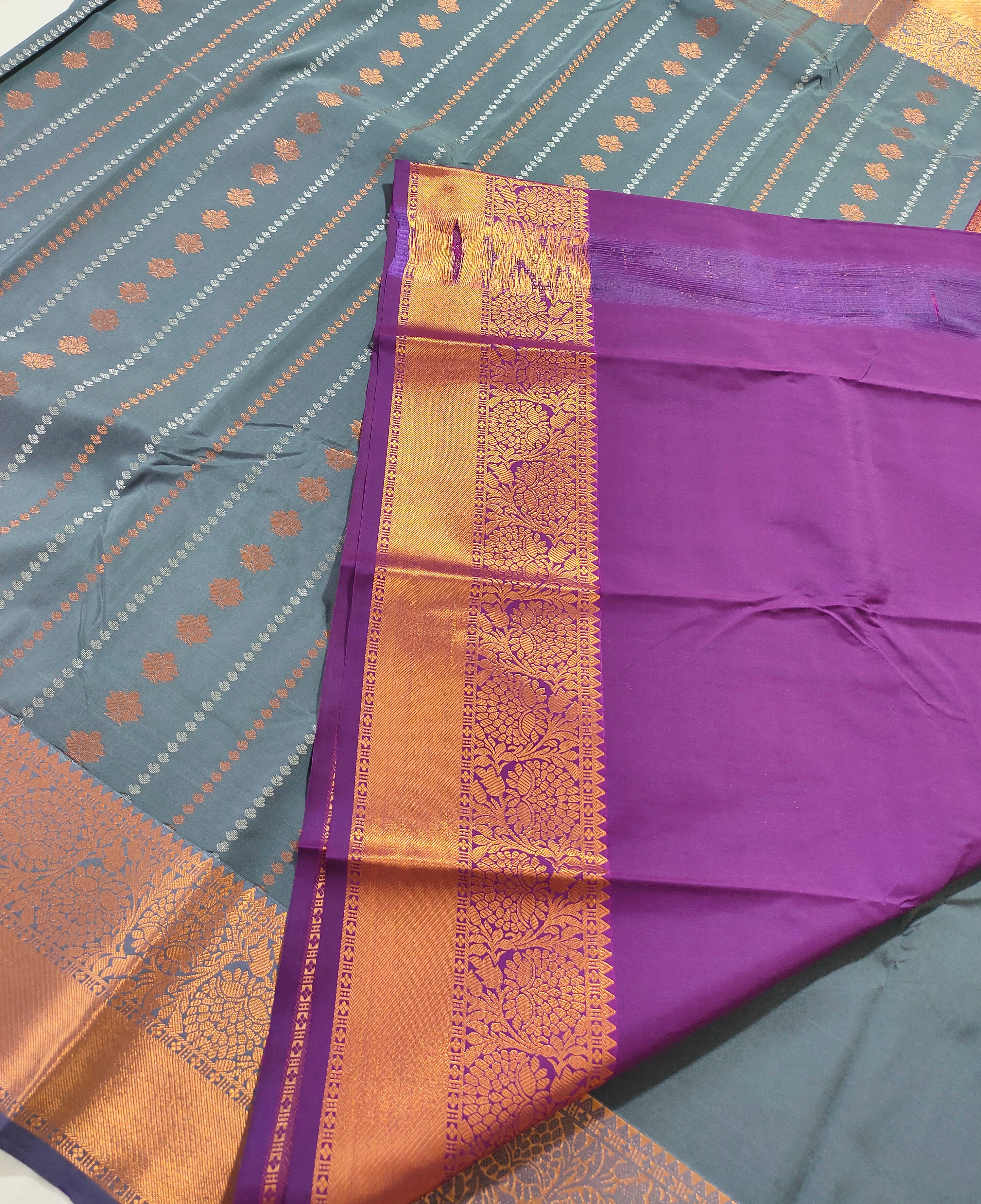 Kanchi Vegan Silk Saree With Contrast Blouse and Rich Jari Pallu