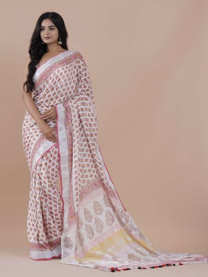 Linen Handblock Printed Sarees