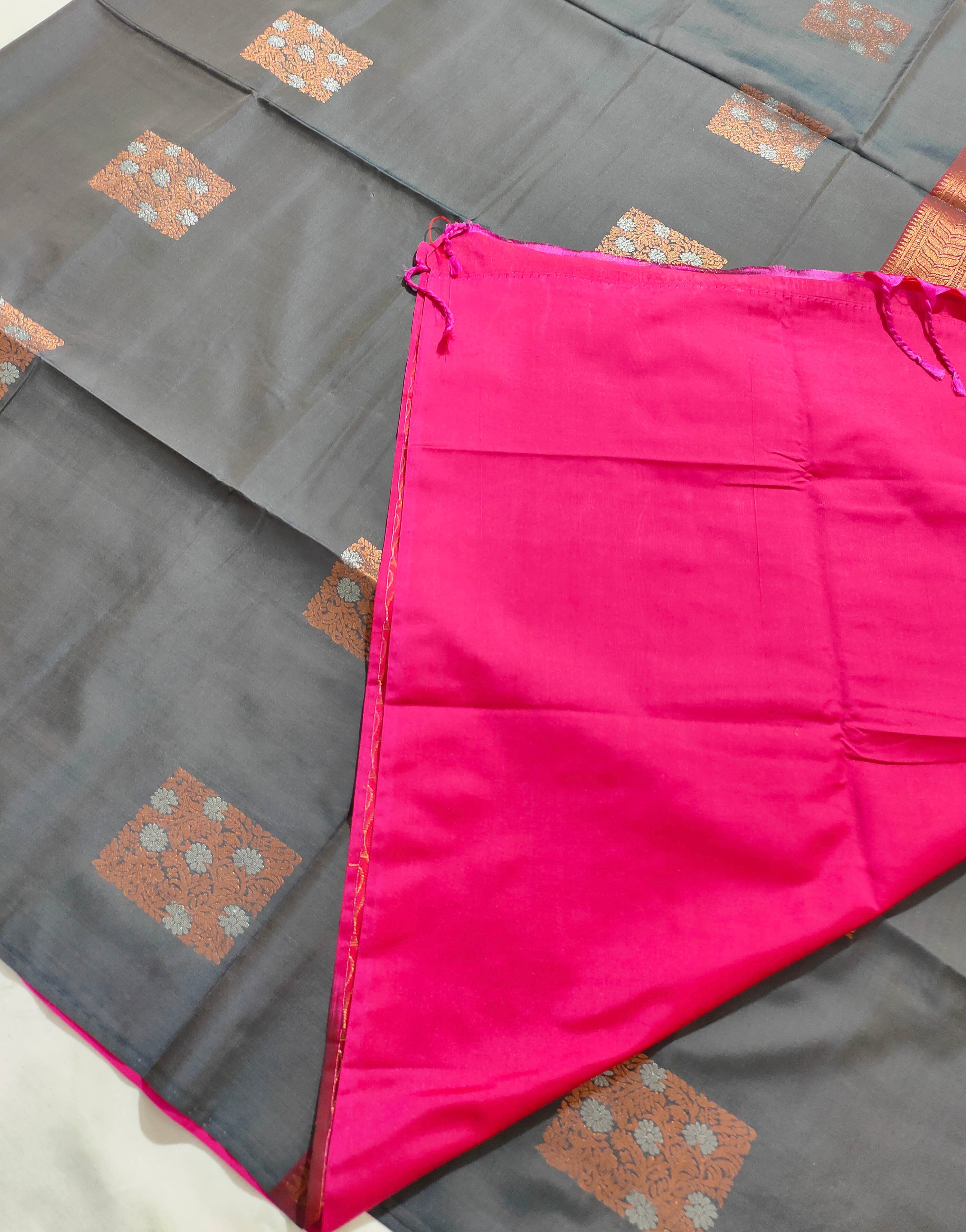 Kanchi Vegan Silk Saree With Contrast Blouse and Rich Jari Pallu