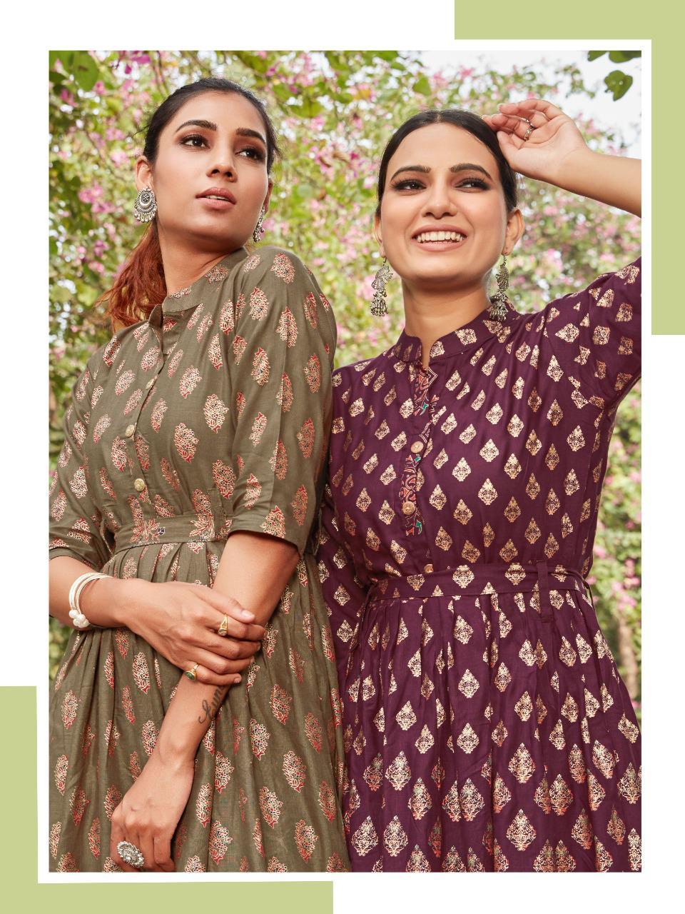 Vee Fab Presents Style Out  Slub With Gold Print Long Kurtis