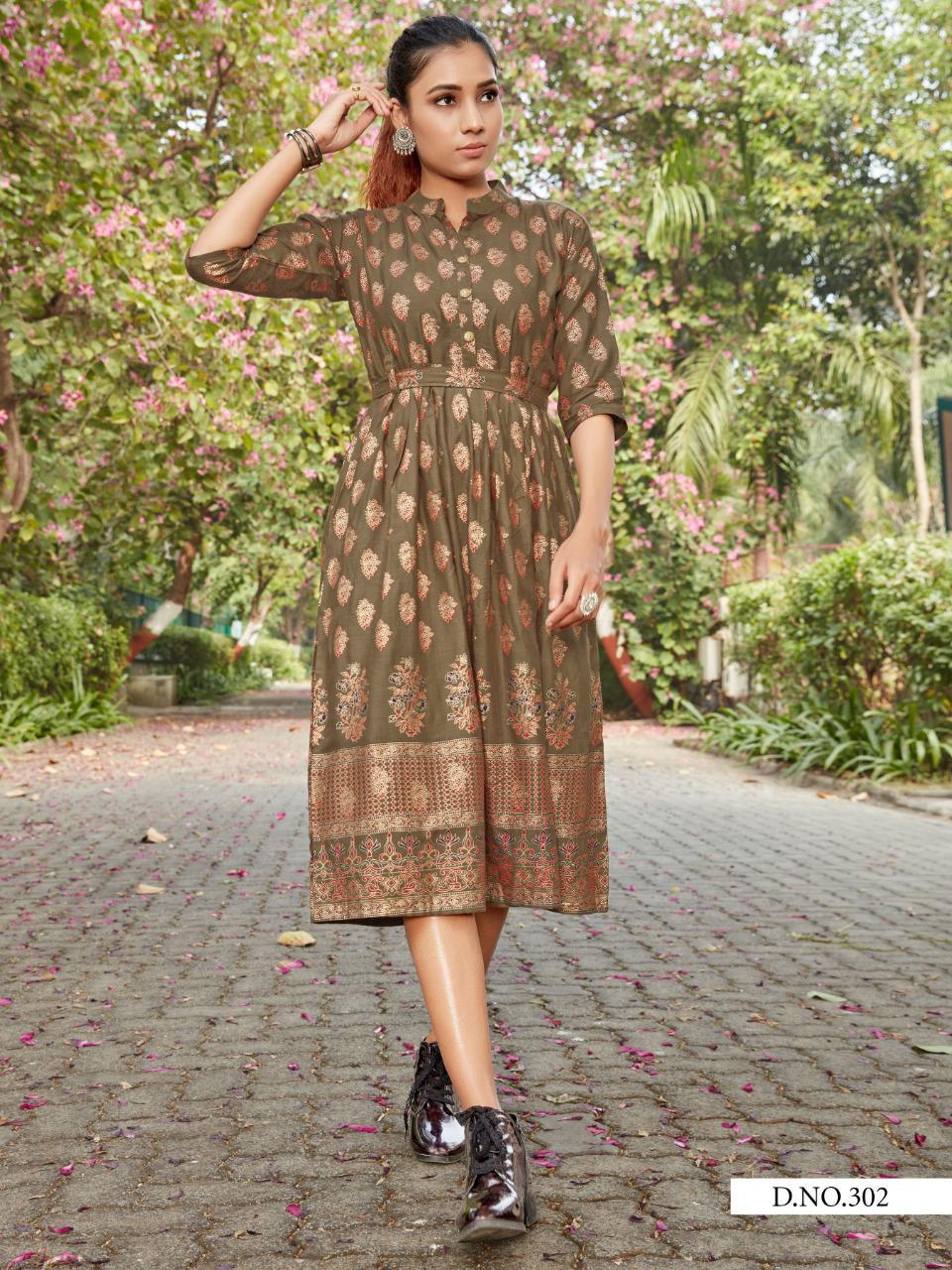 Vee Fab Presents Style Out  Slub With Gold Print Long Kurtis