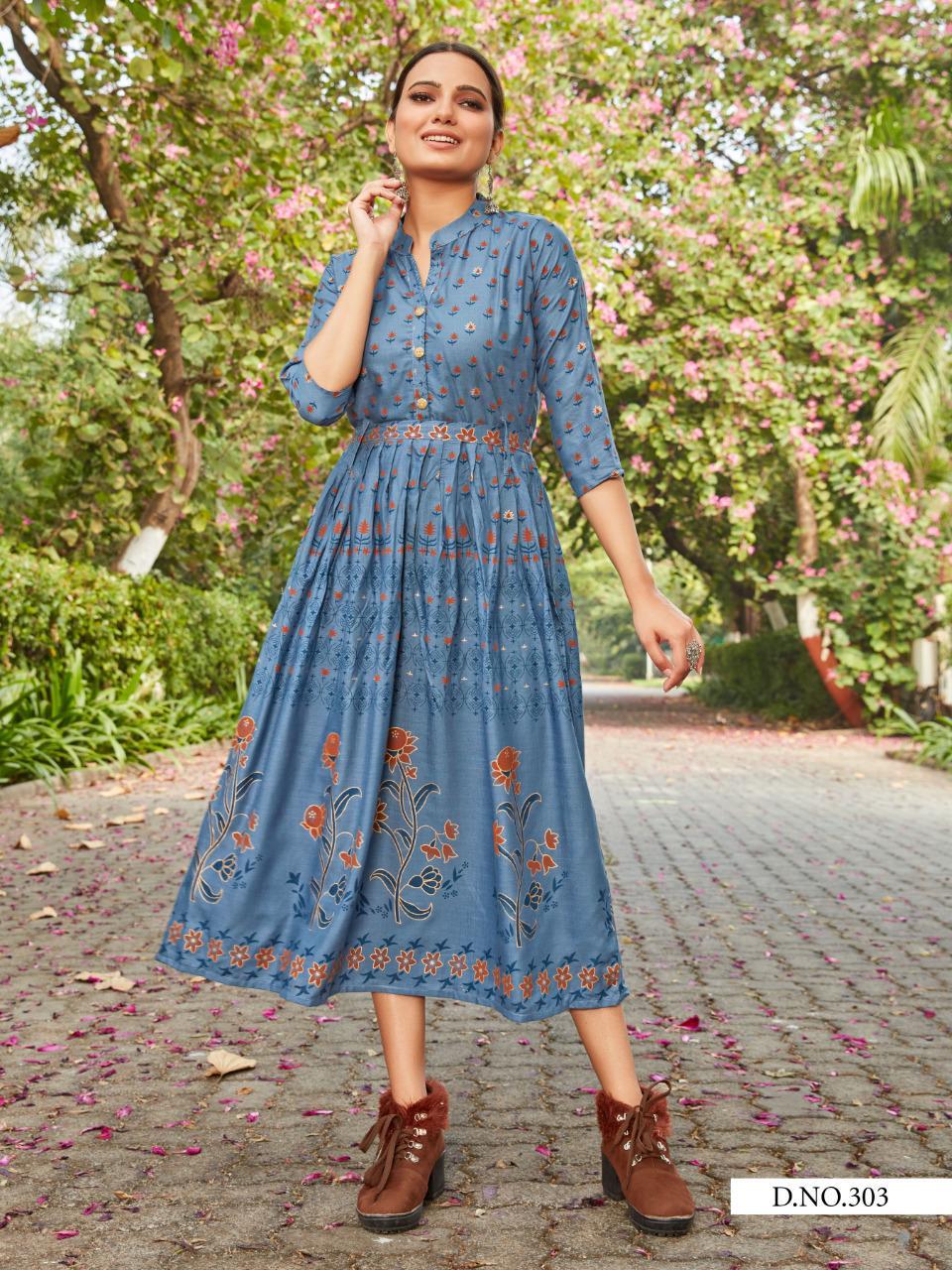 Vee Fab Presents Style Out  Slub With Gold Print Long Kurtis