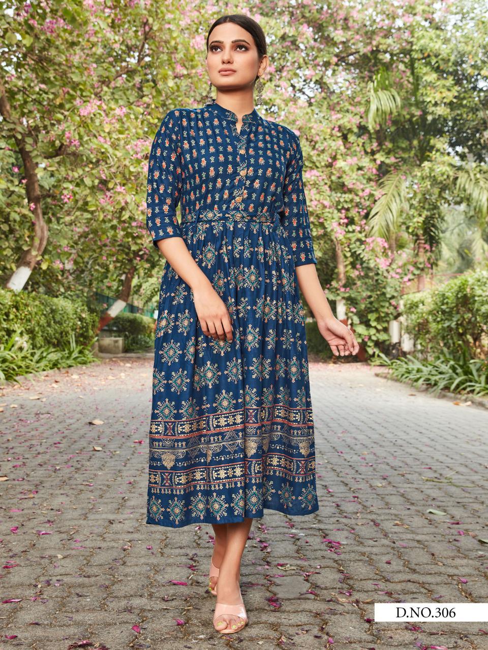 Vee Fab Presents Style Out  Slub With Gold Print Long Kurtis