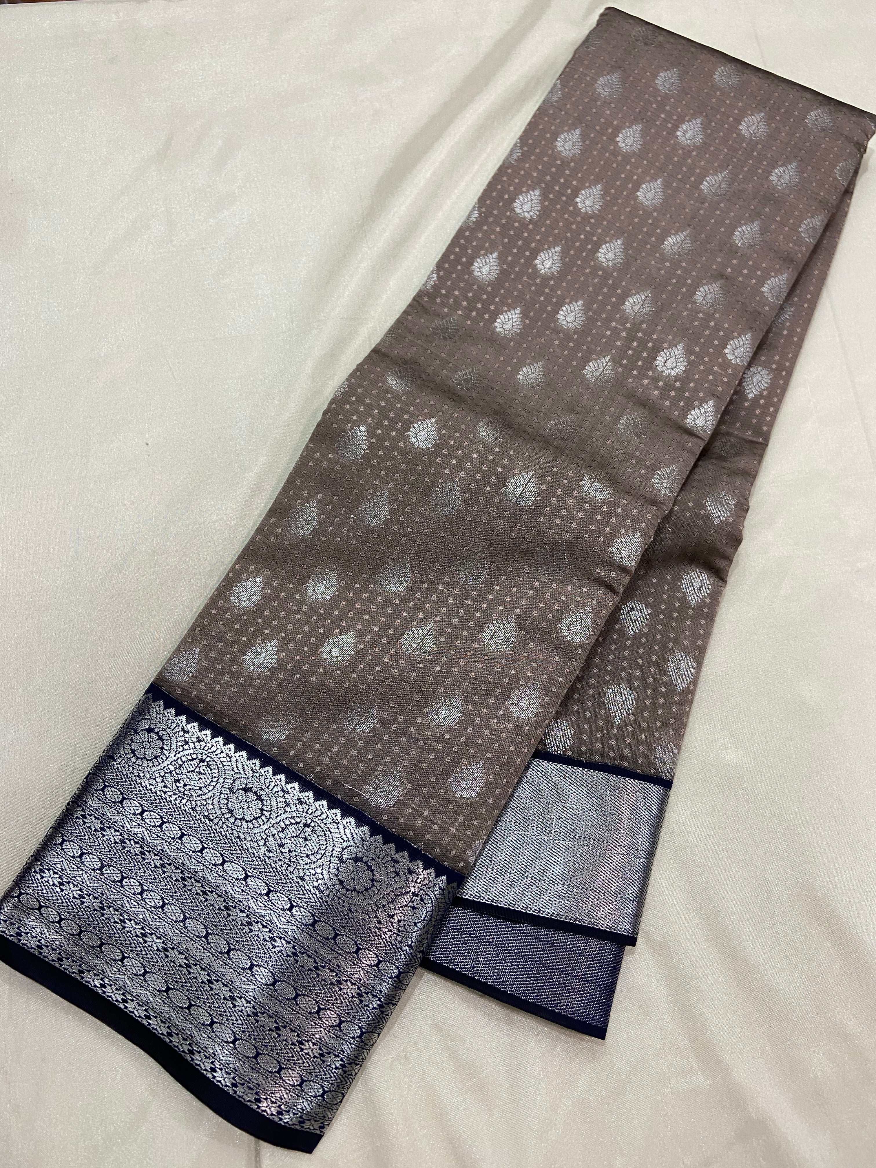 Kanchipuram soft Semi silk saree  with contrast blouse and rich jari pallu