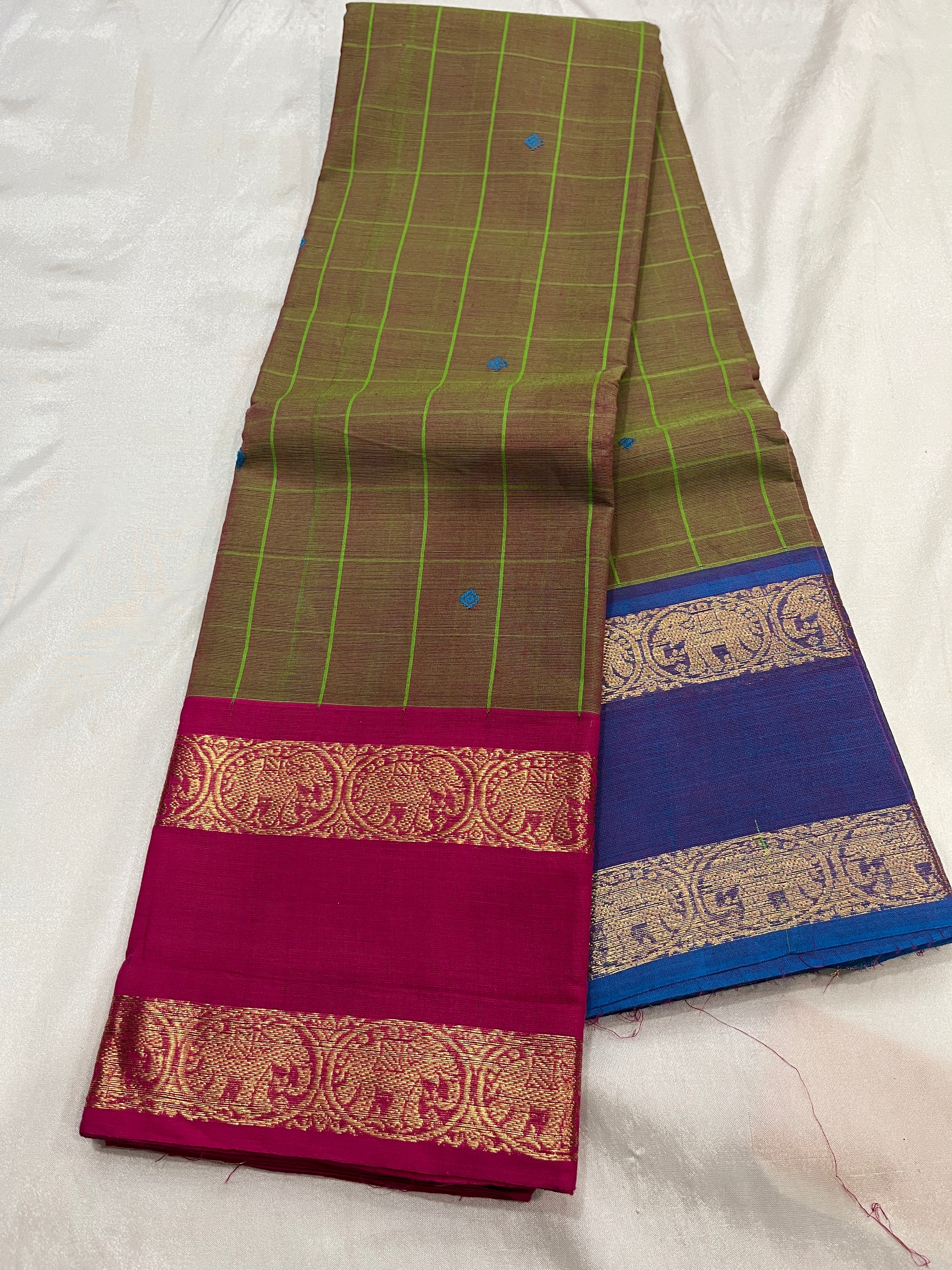 Kanchipuram pure cotton saree with lined pallu