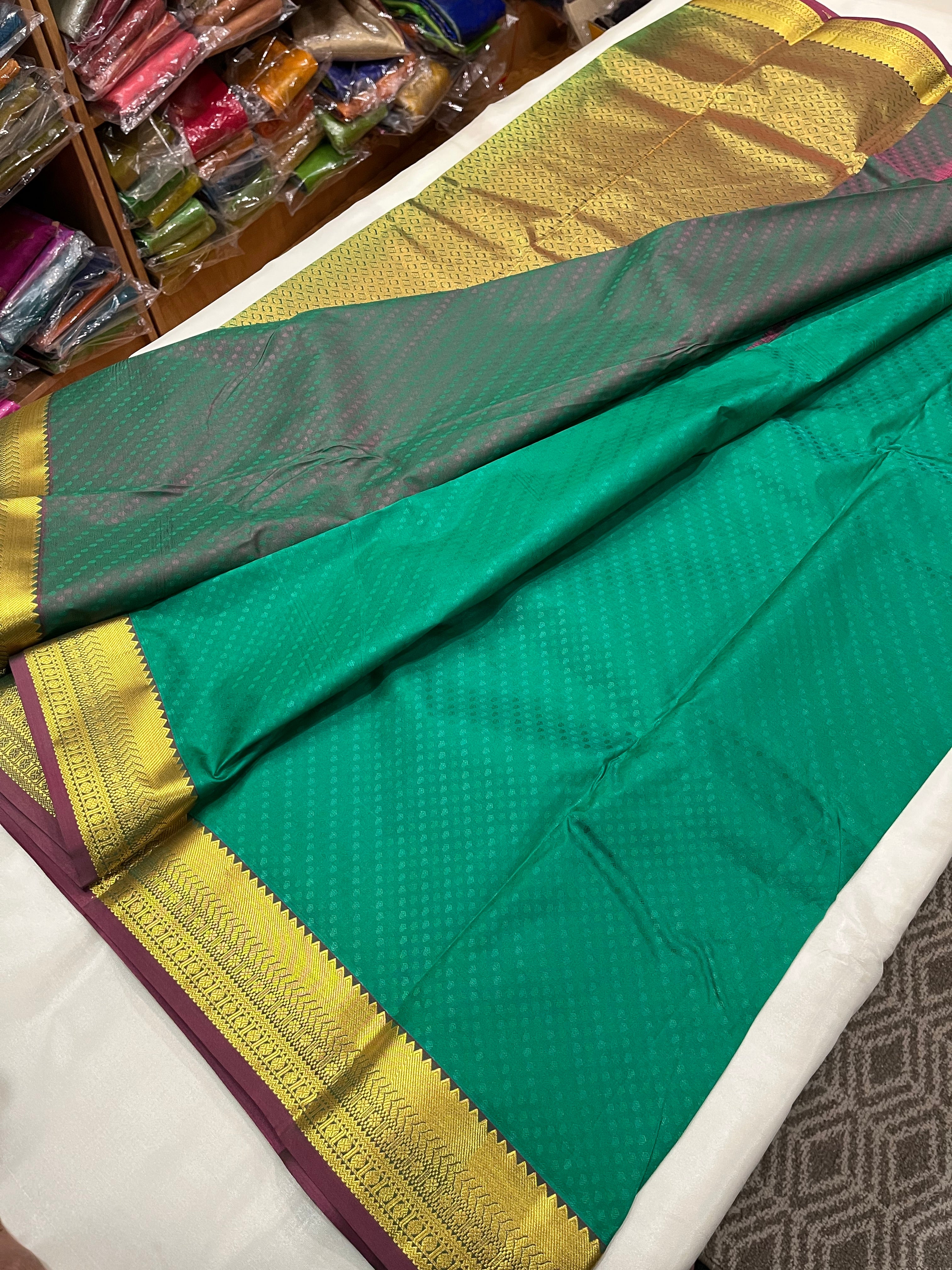 Soft kanchi Semi silk saree  with contrast blouse and rich jari pallu