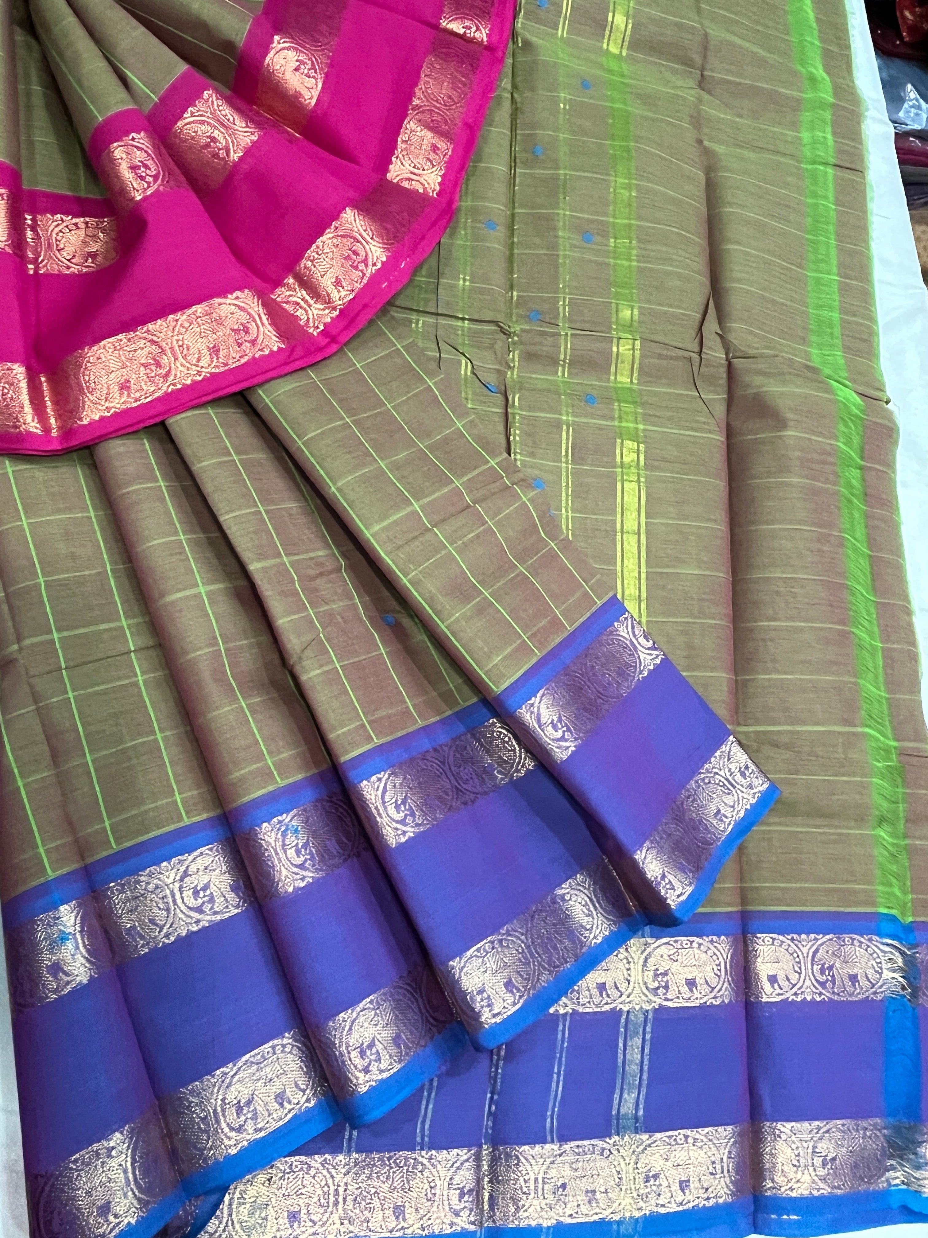 Kanchipuram pure cotton saree with lined pallu