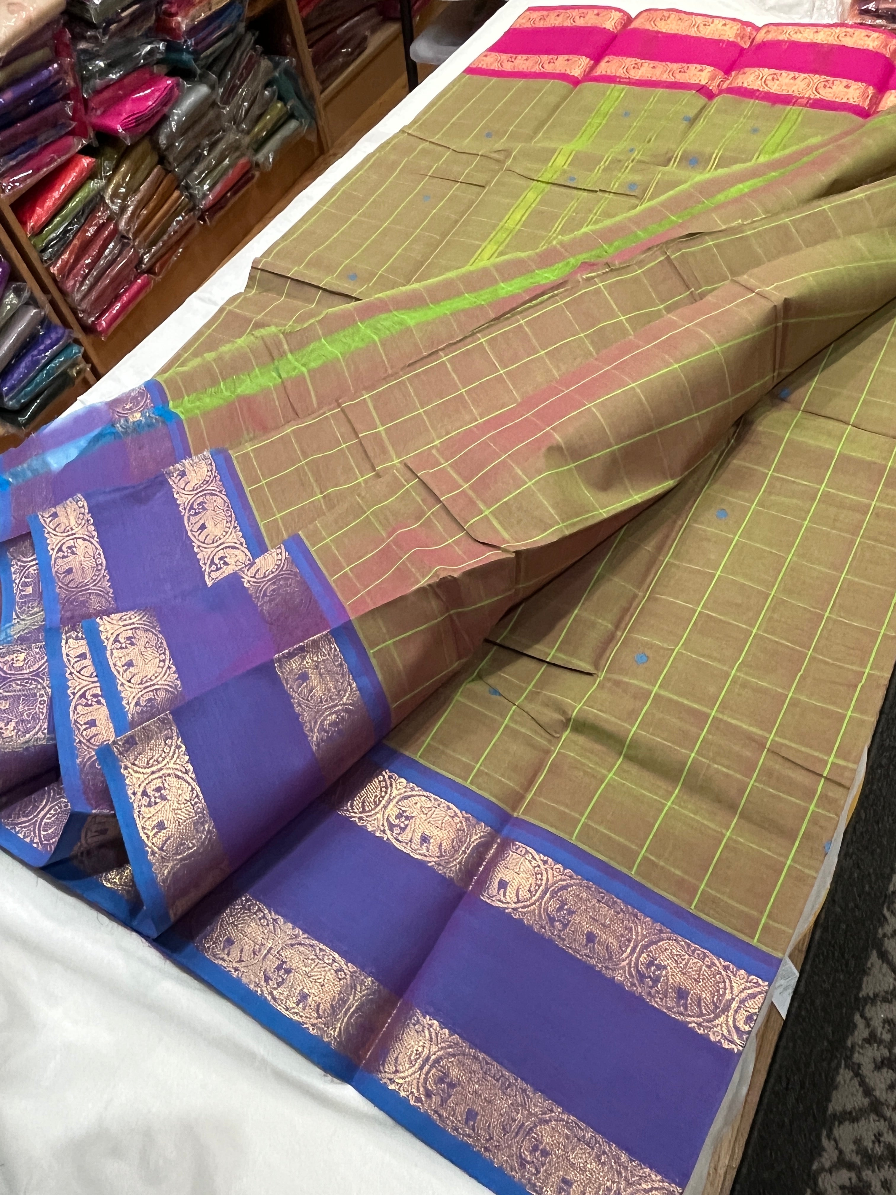 Kanchipuram pure cotton saree with lined pallu