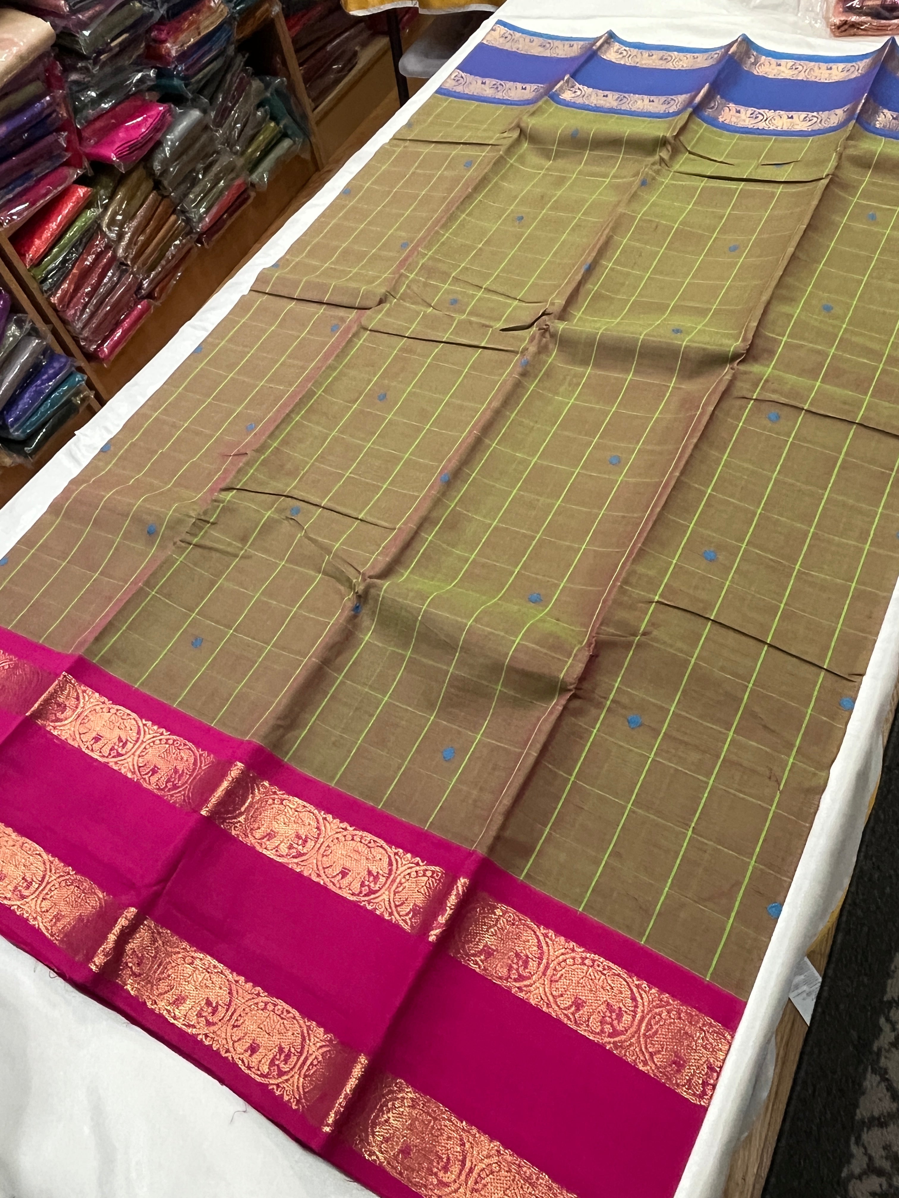 Kanchipuram pure cotton saree with lined pallu