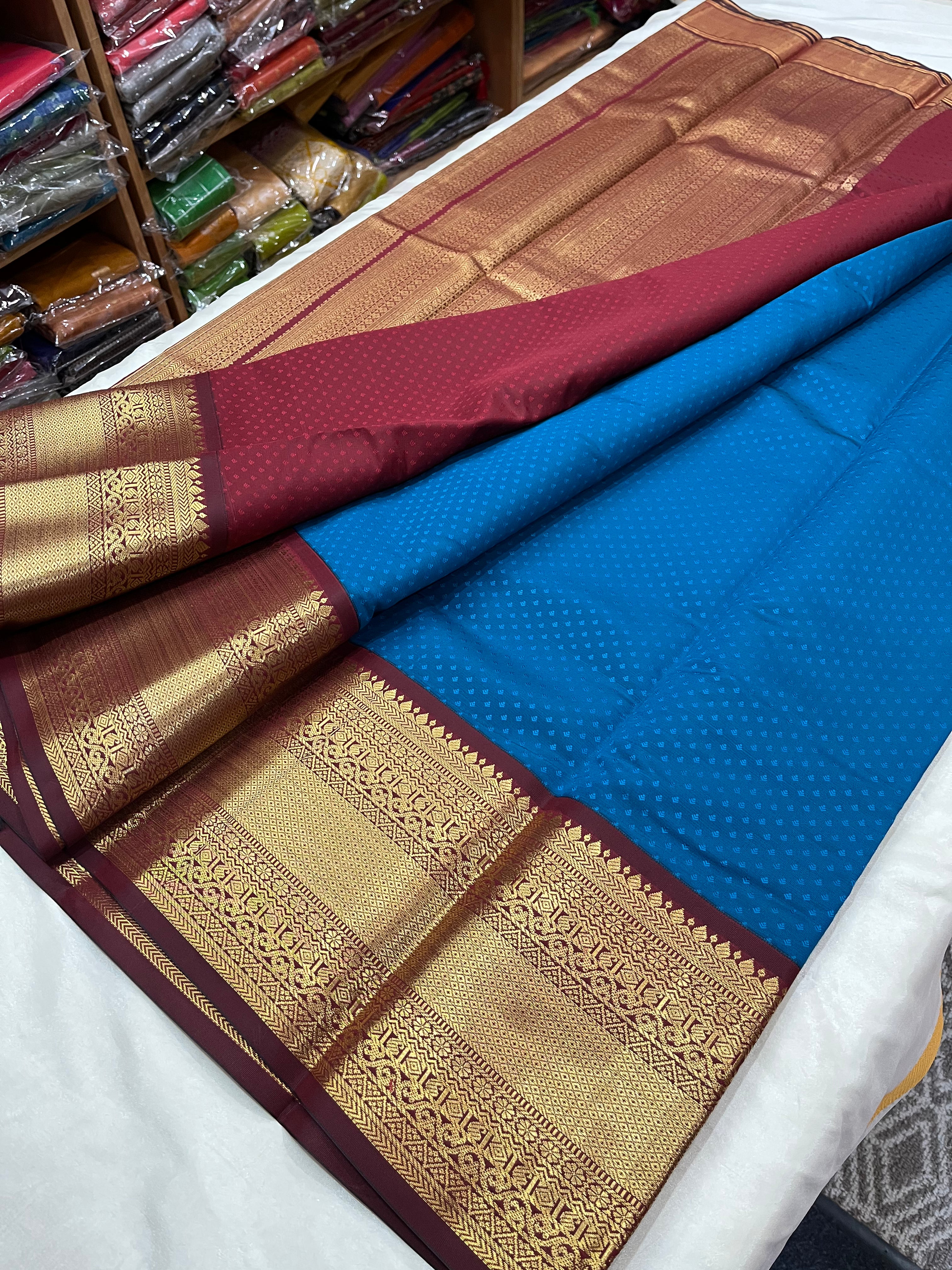 Kanchipuram korvai border soft Semi silk saree with contrast blouse and rich zari pallu