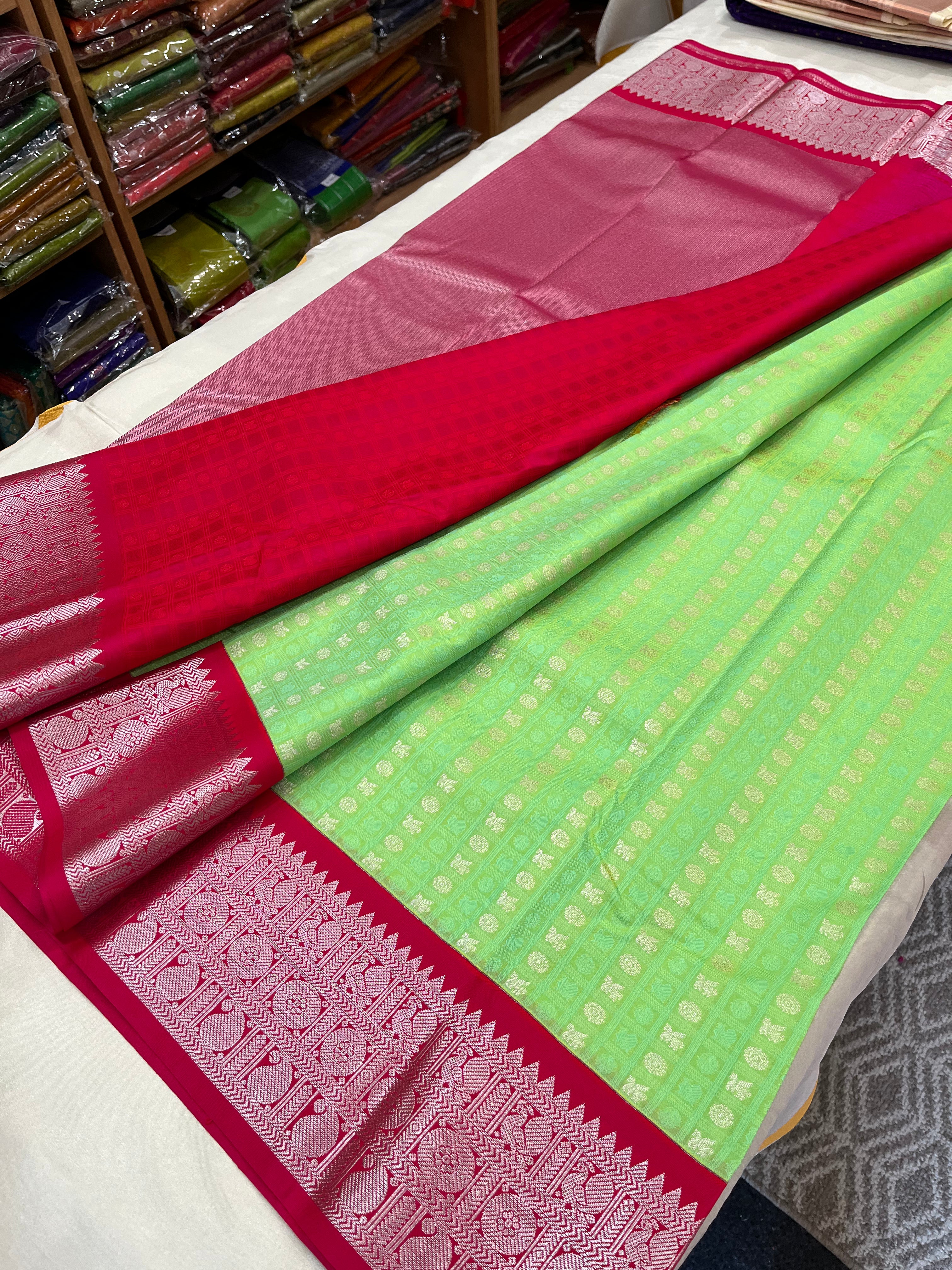 kanchi vegan  silk saree  with contrast blouse and rich jari pallu