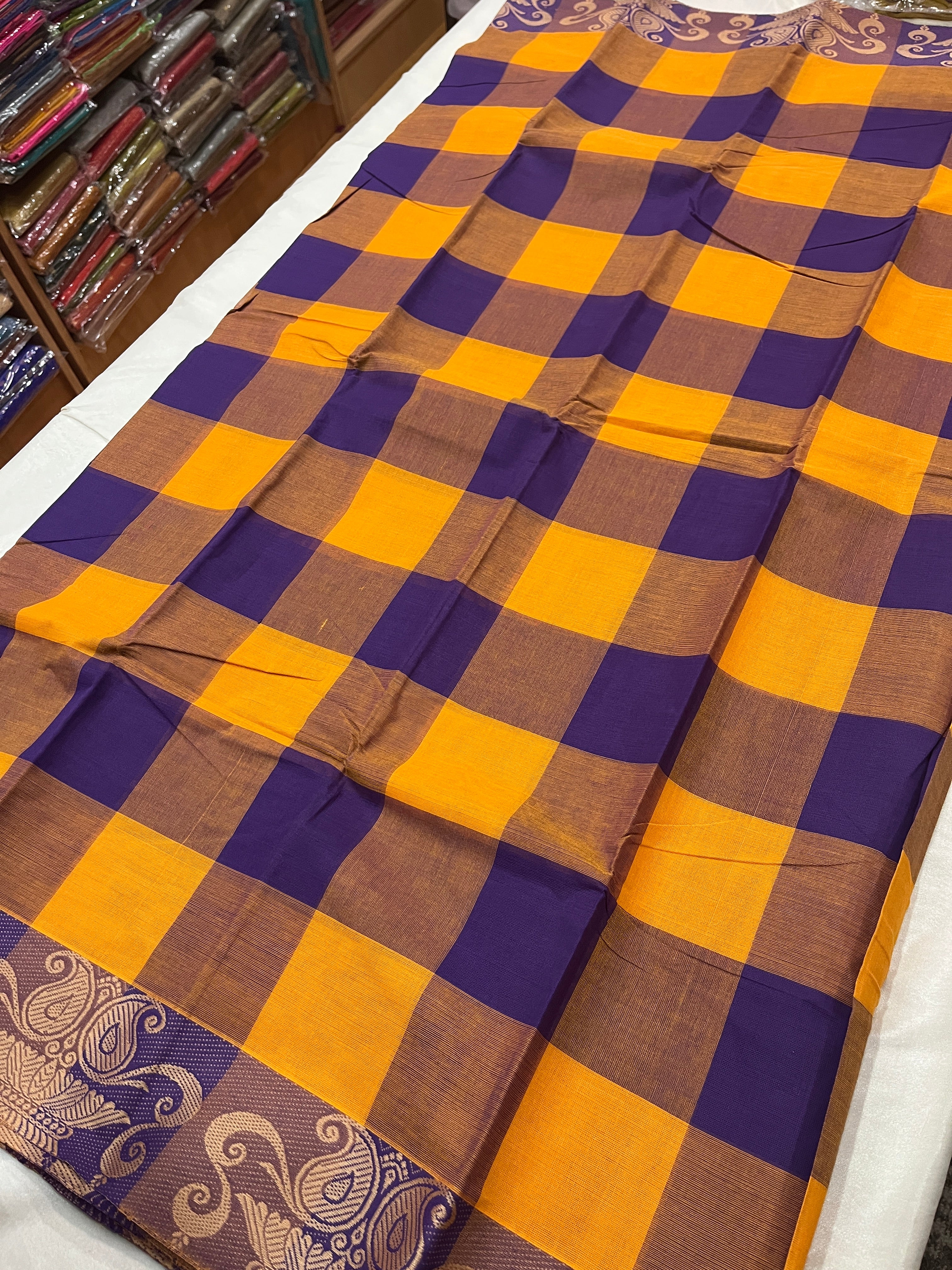 Kanchi checked 80 count pure Cotton saree without blouse