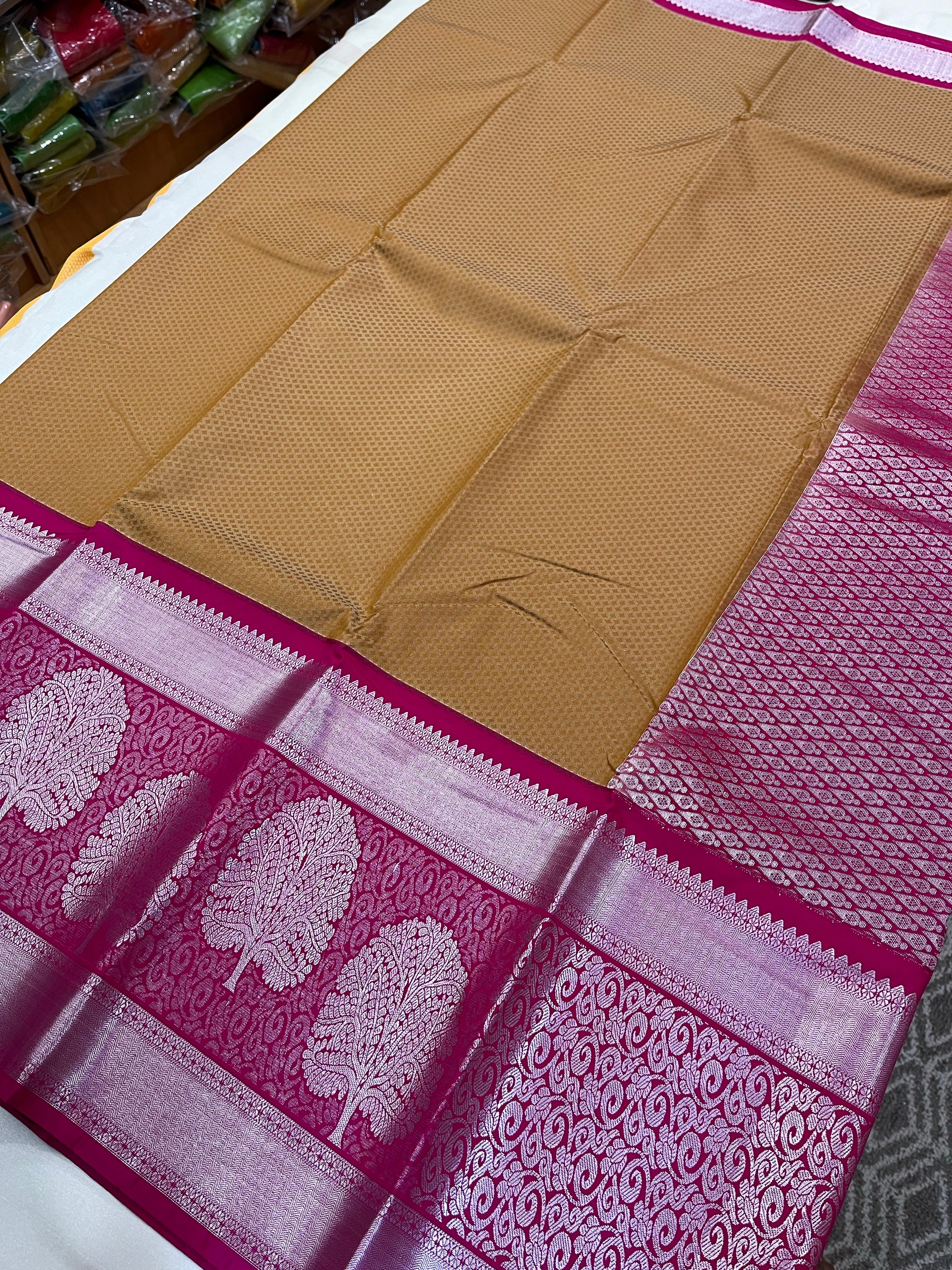 kanchi vegan Korvai border  Soft silk saree  with contrast blouse and rich jari pallu