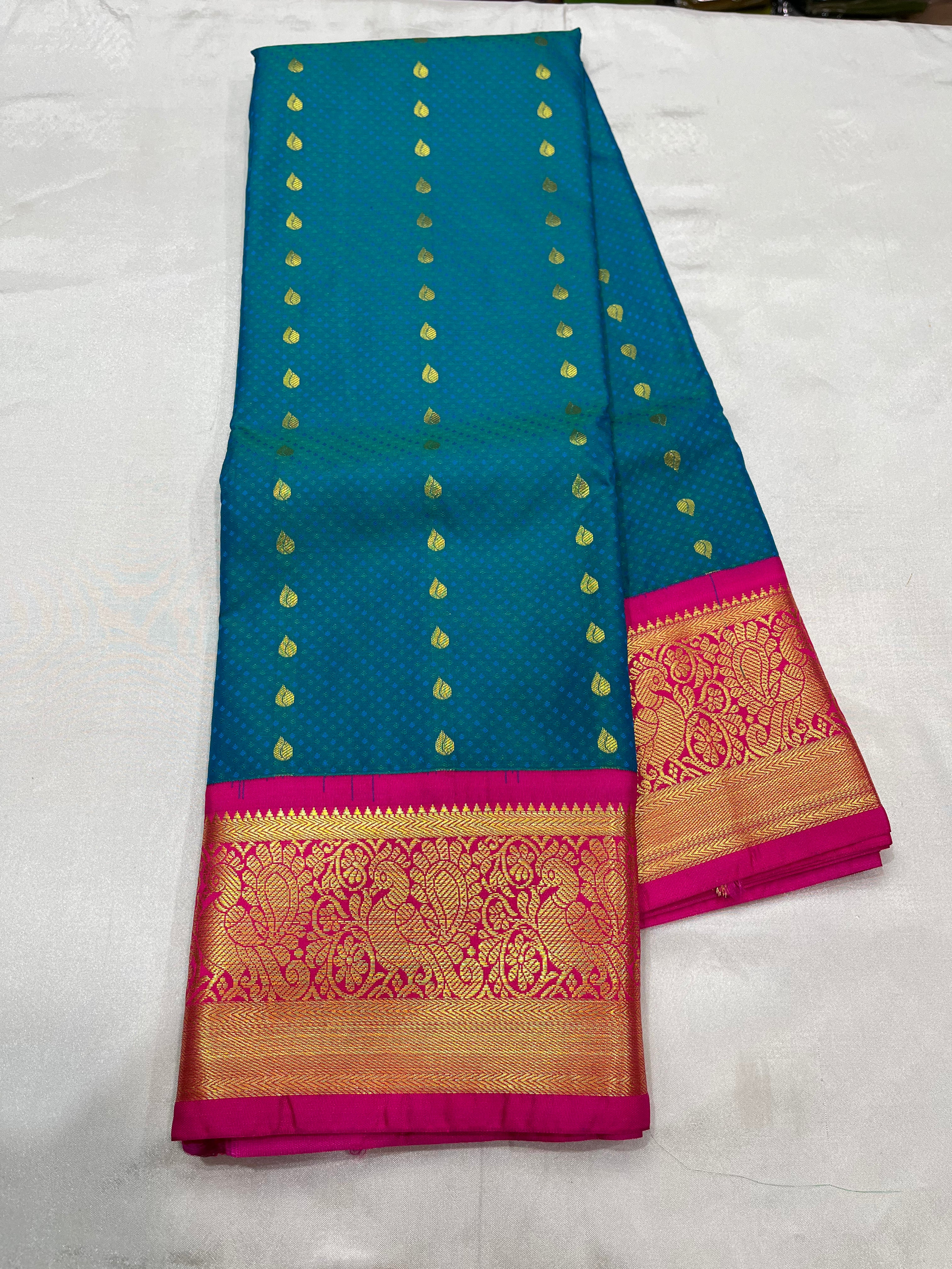 Korvai Soft  kanchi Semi silk saree  with contrast blouse and rich jari pallu