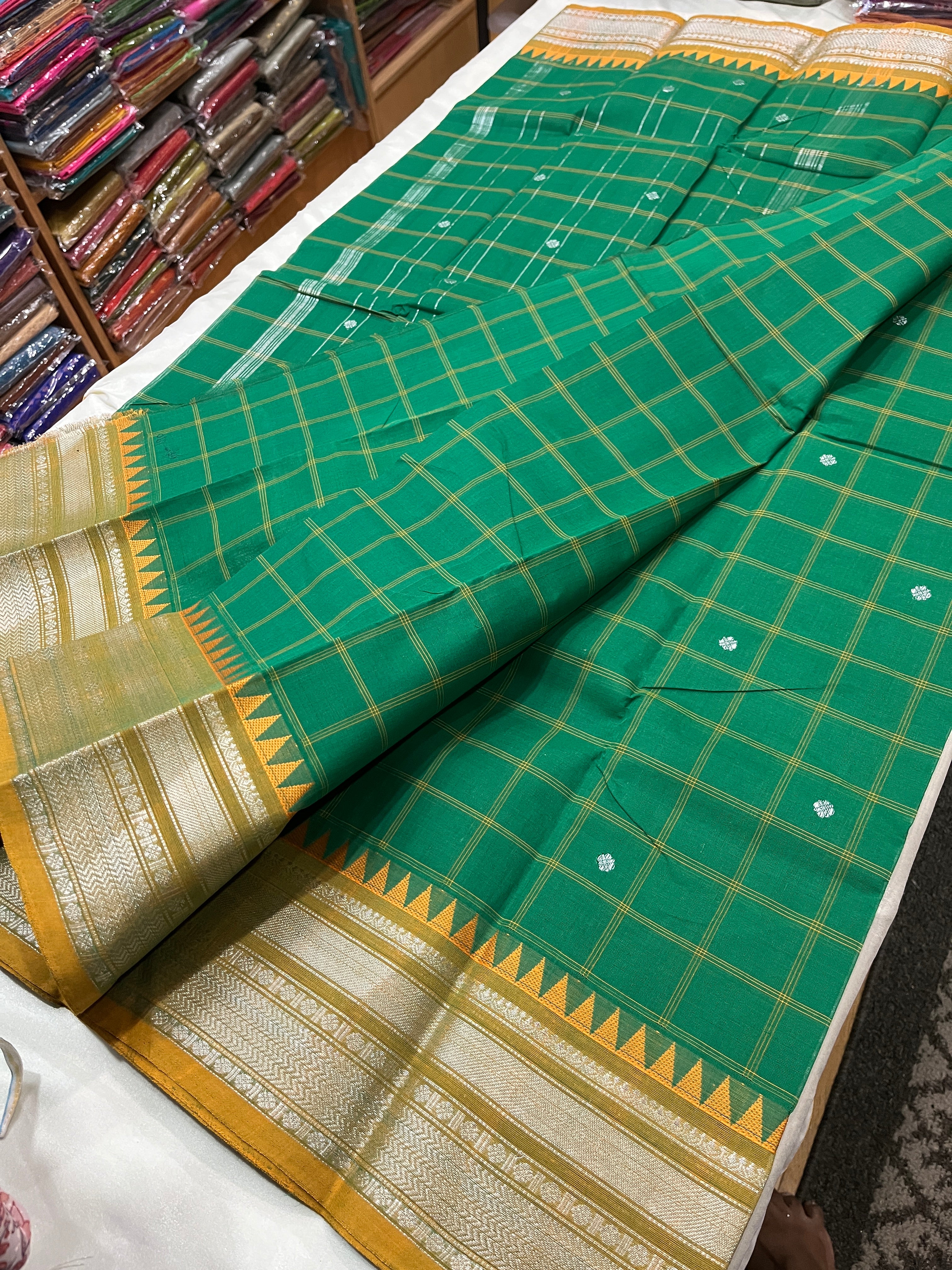 Kanchipuram checked silver zari border pure cotton Saree with running blouse and lined pallu